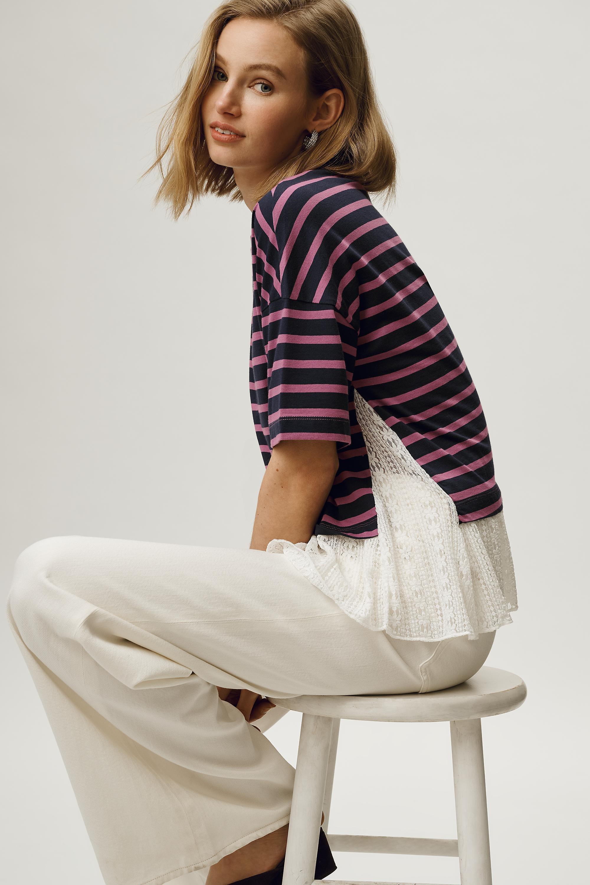 By Maeve Stripe Lace Hem T-Shirt Navy, A501_0041, large image number 2