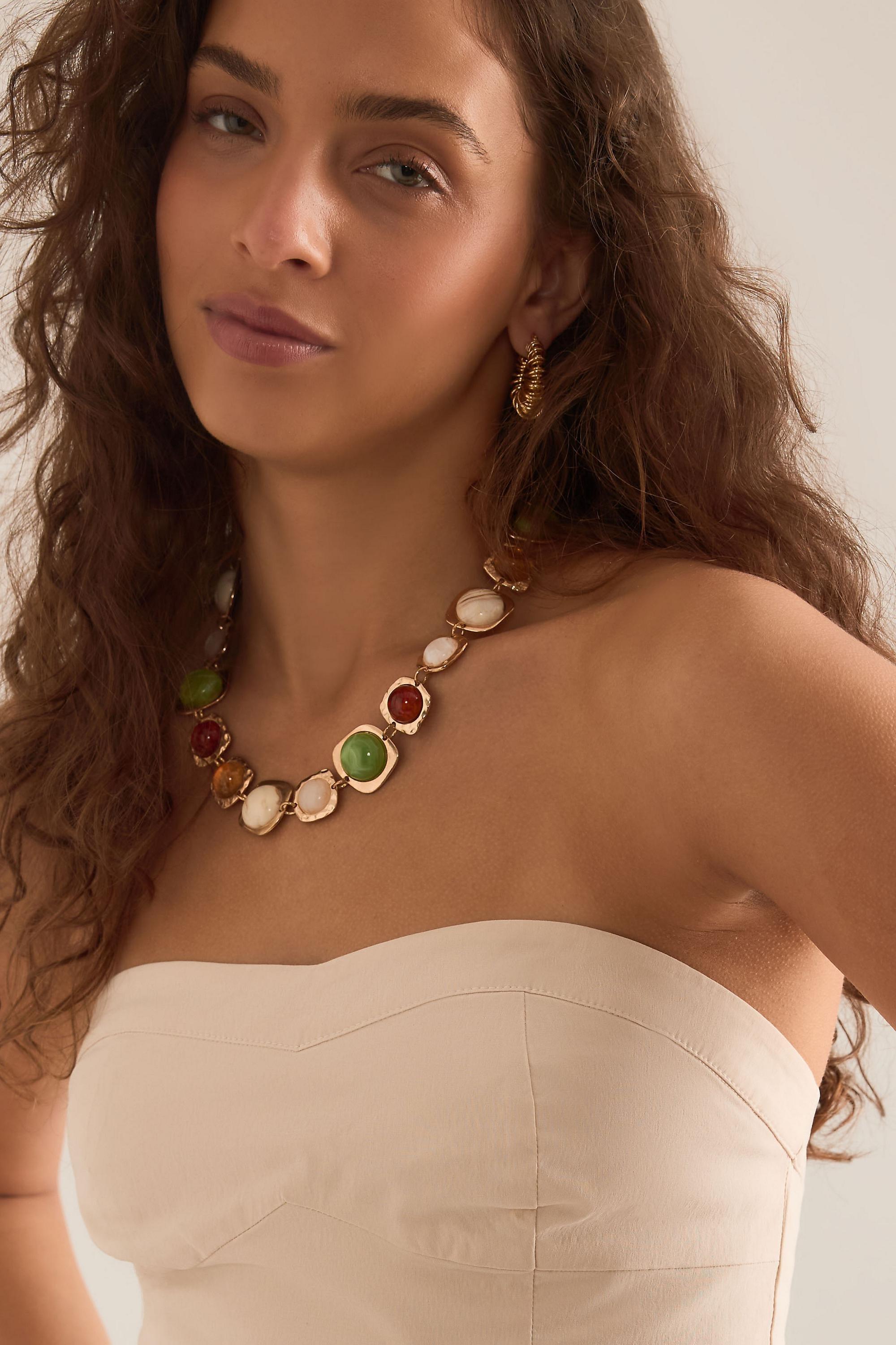 Gold-Plated Resin Stone Necklace, Multicolour, A501_0000, large image number 1