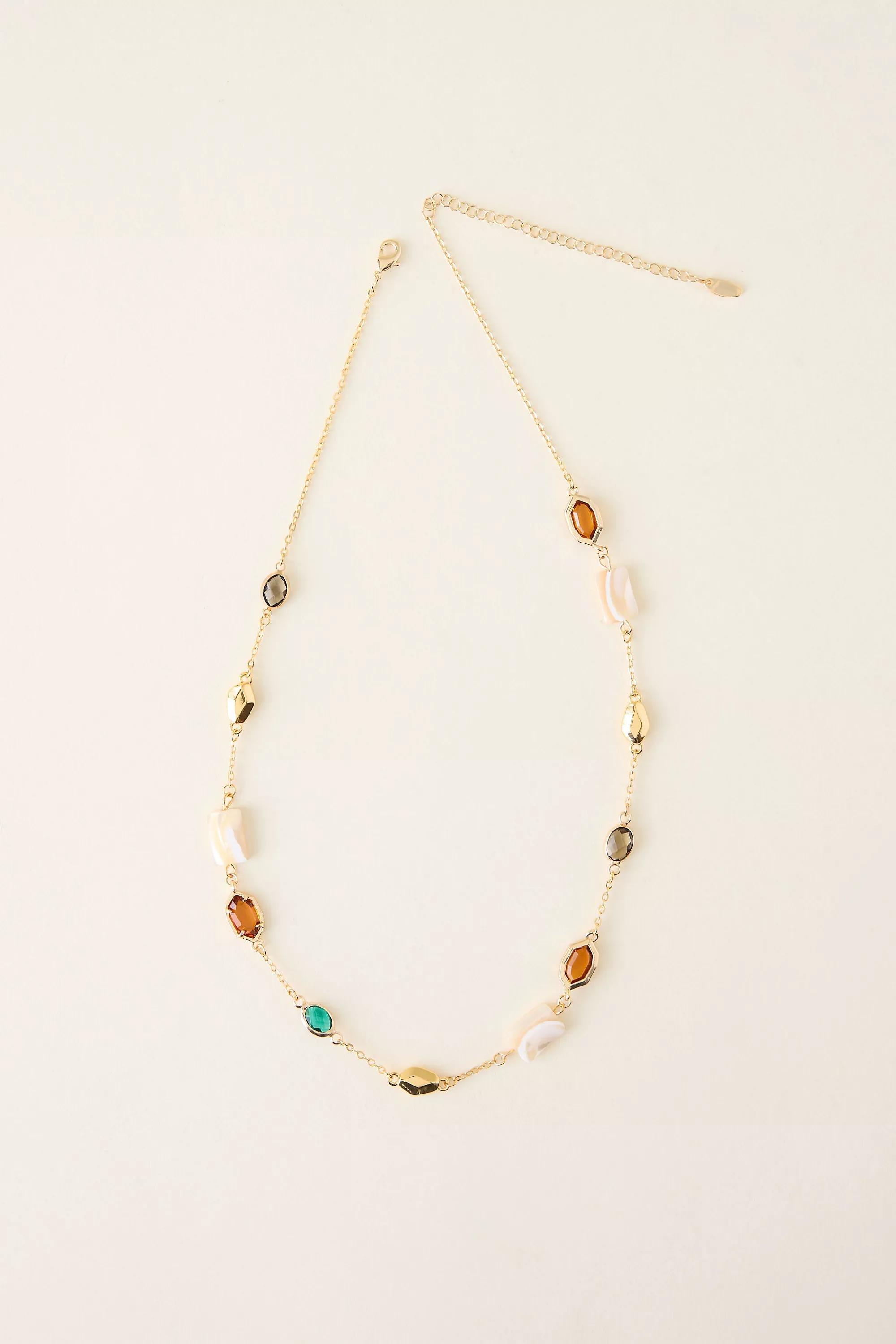 Gold-Plated Stone And Shell Necklace, Multicolour, A501_0000, medium