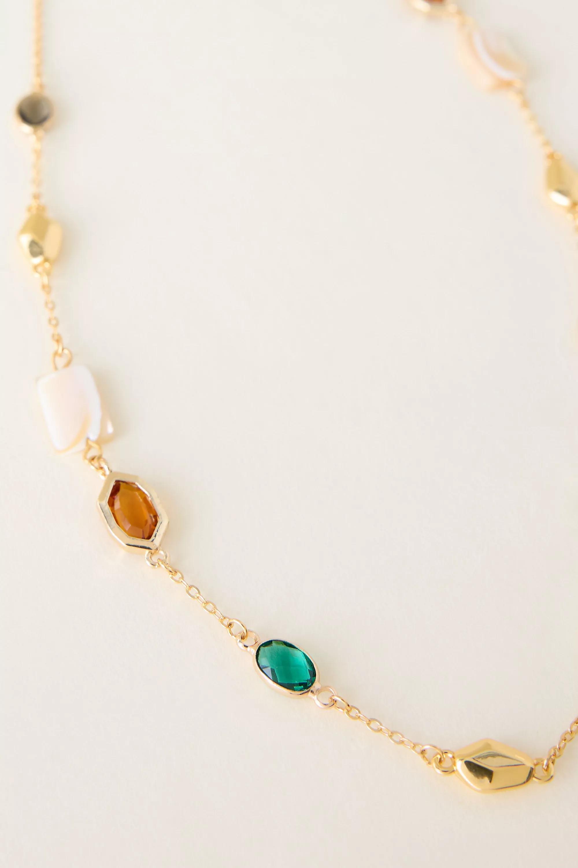 Gold-Plated Stone And Shell Necklace, Multicolour, A501_0000, medium