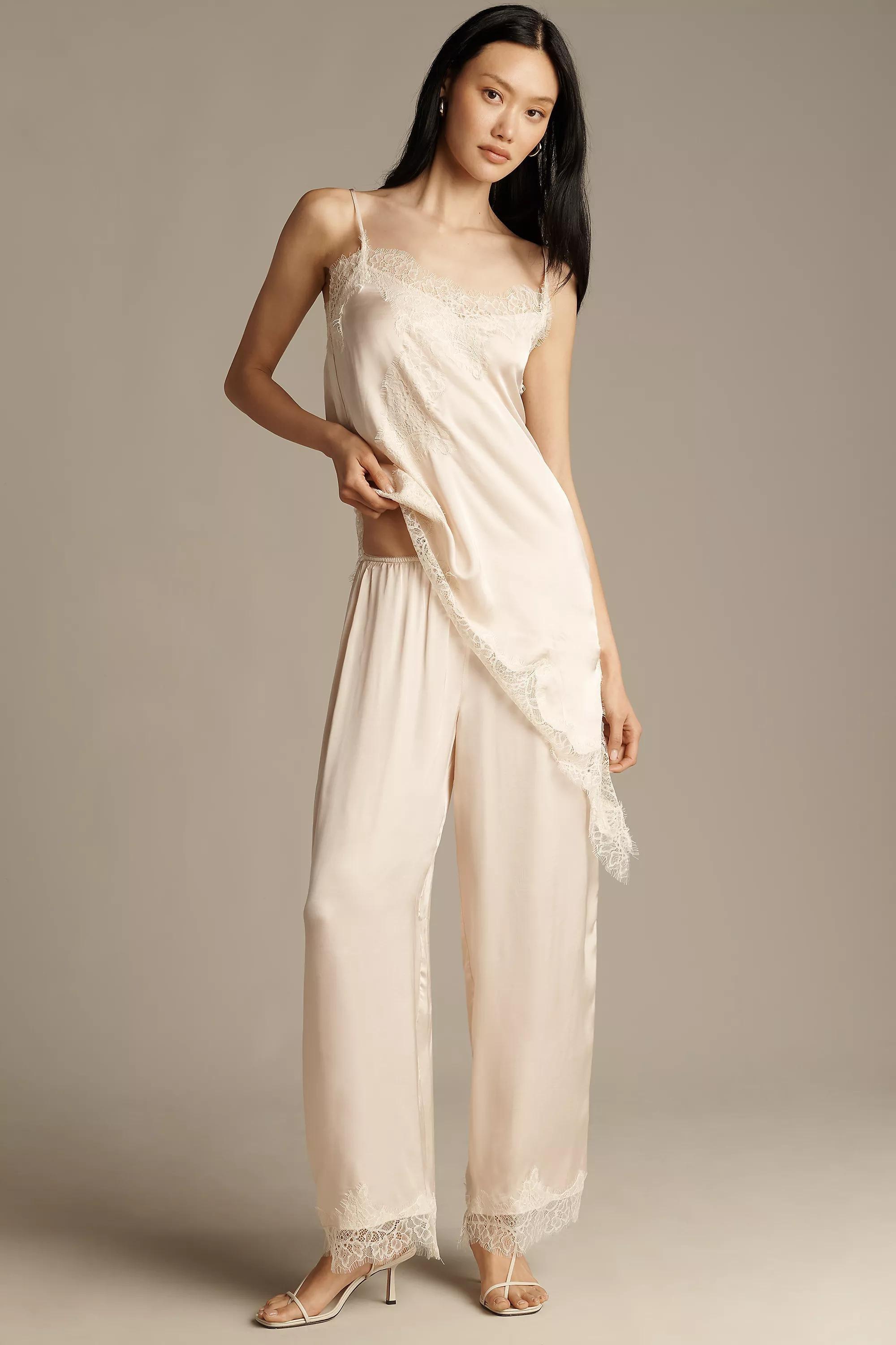 Lyrebird Satin Lace-Trim Wide-Leg Trousers, White, Cream, large image number 0