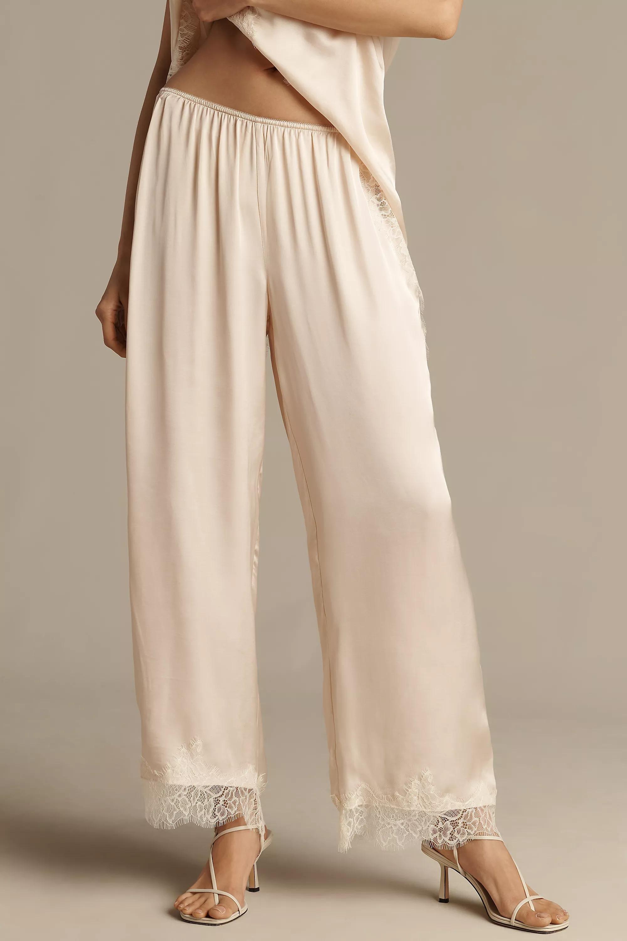Lyrebird Satin Lace-Trim Wide-Leg Trousers, White, Cream, large image number 1