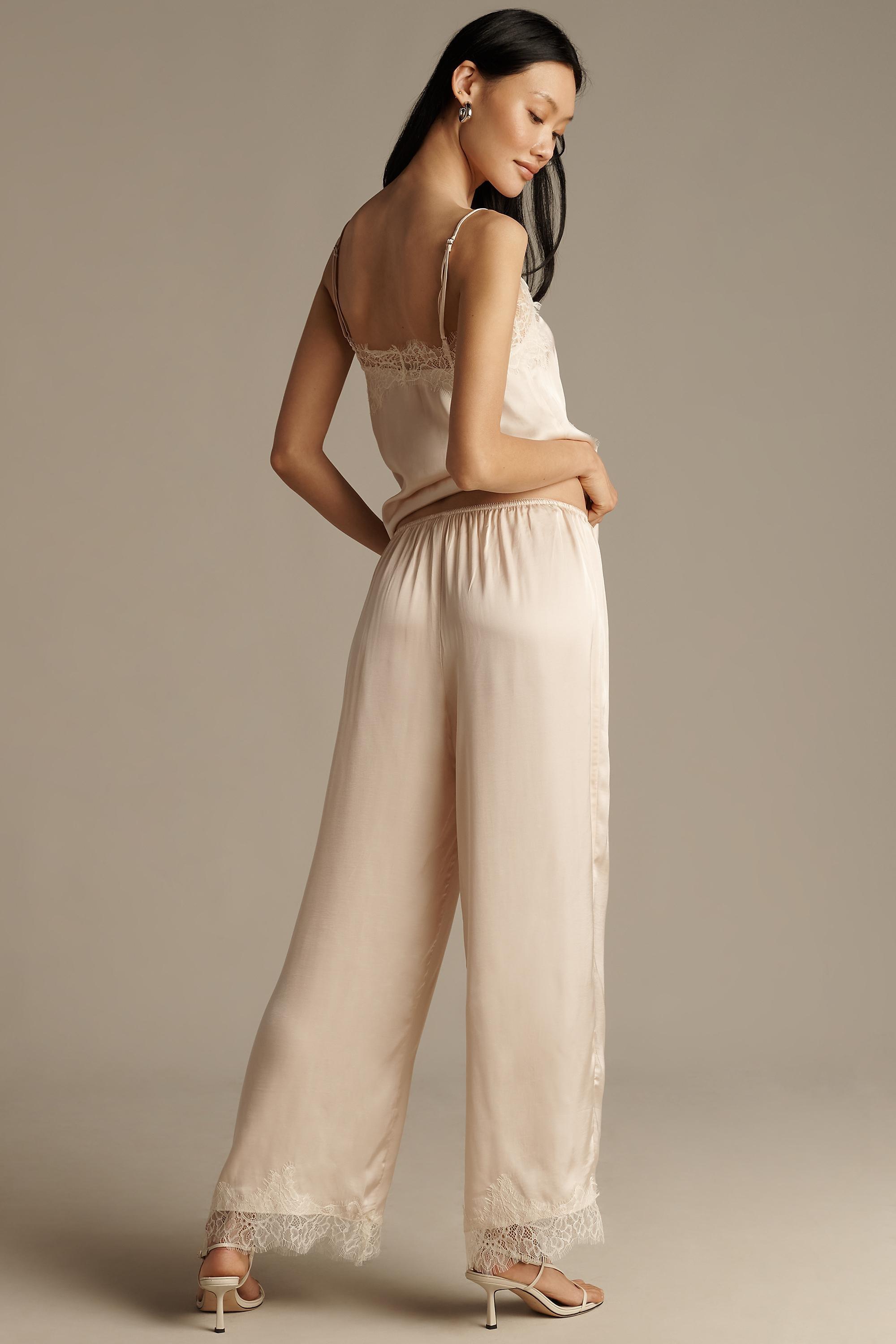 Lyrebird Satin Lace-Trim Wide-Leg Trousers, White, Cream, large image number 2