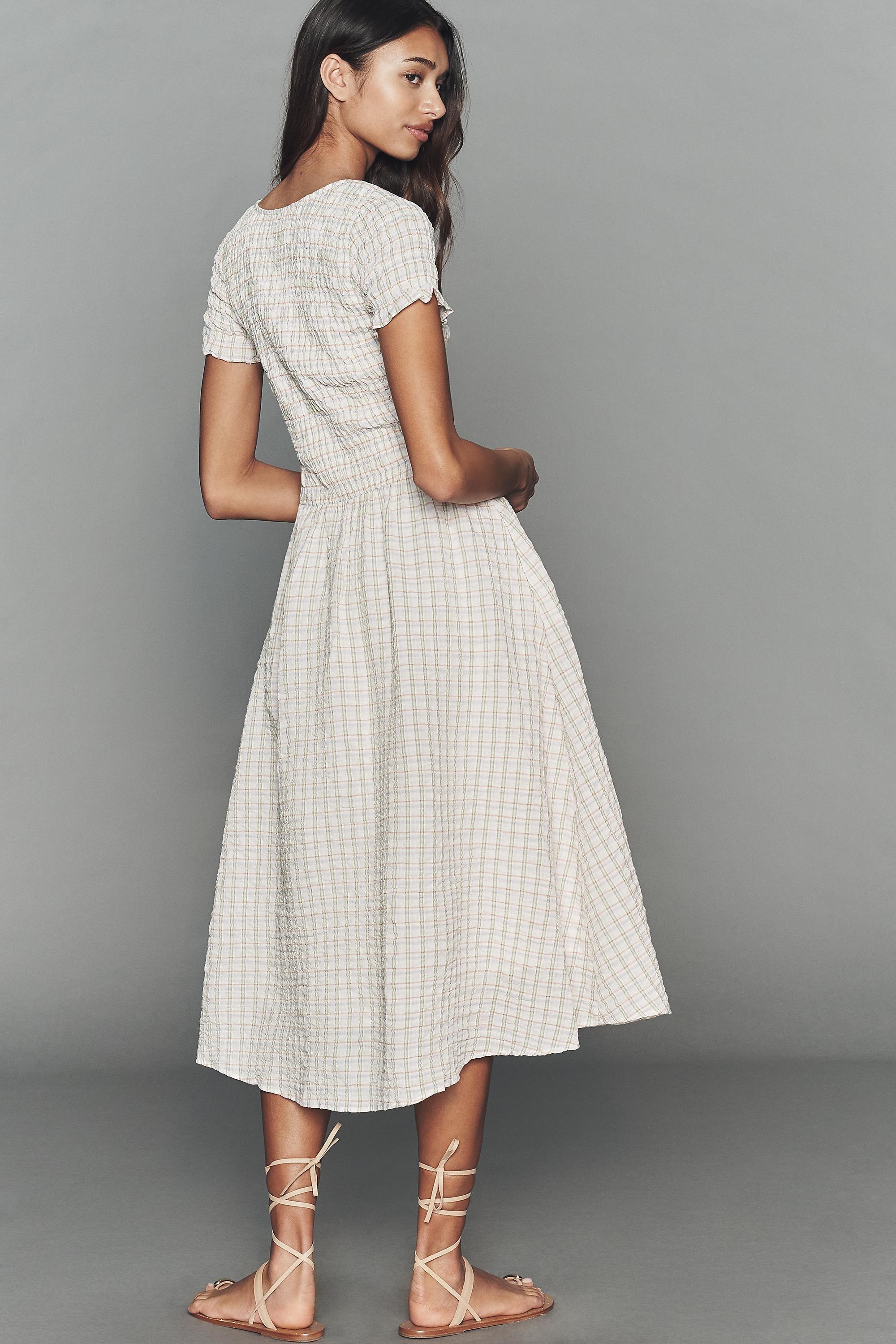 By Anthropologie Short-Sleeve Smocked Midi Dress, Multicolour, Multicolour, medium