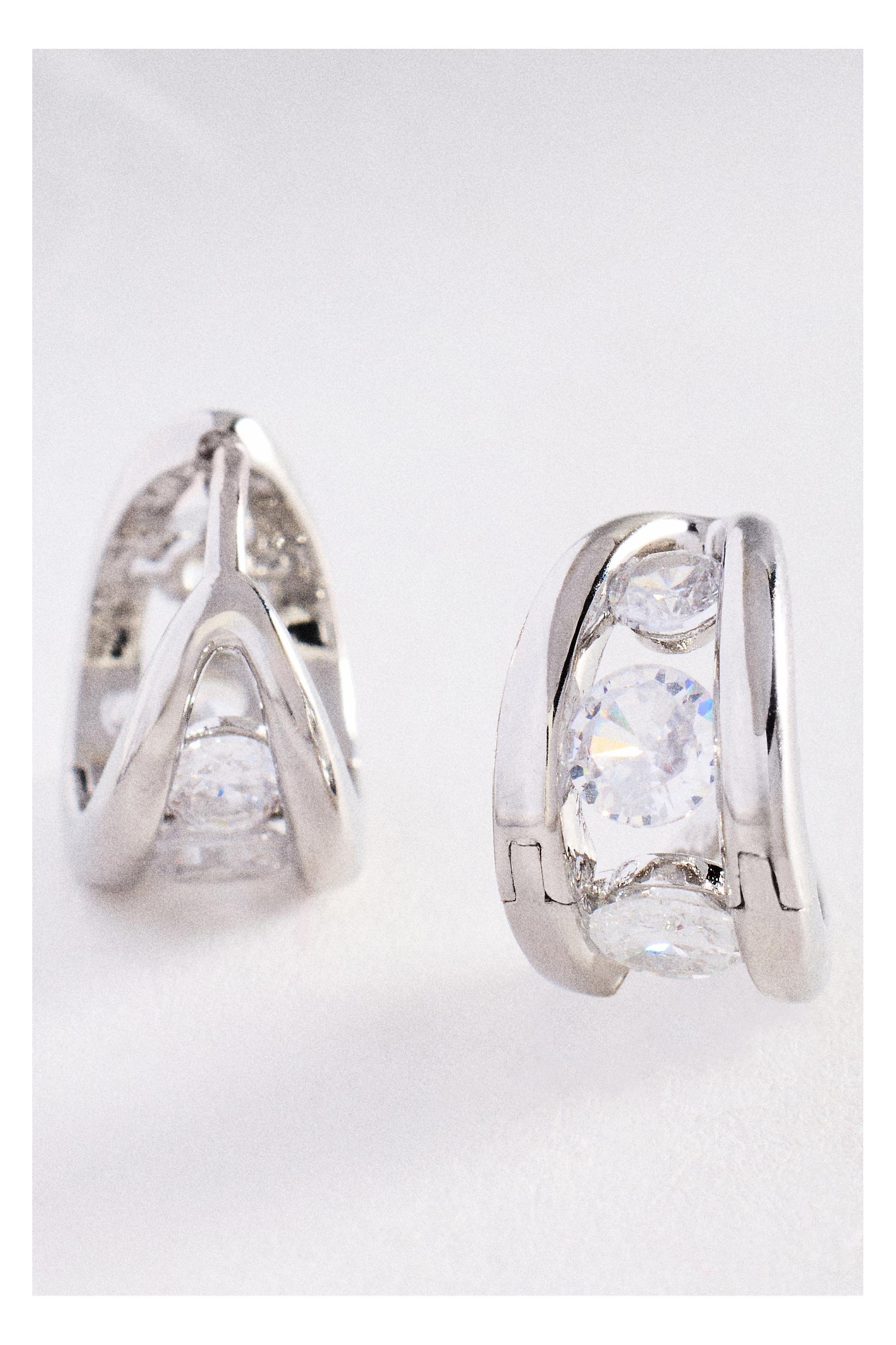 Split Crystal Huggie Hoop Earrings, Silver, Silver, medium