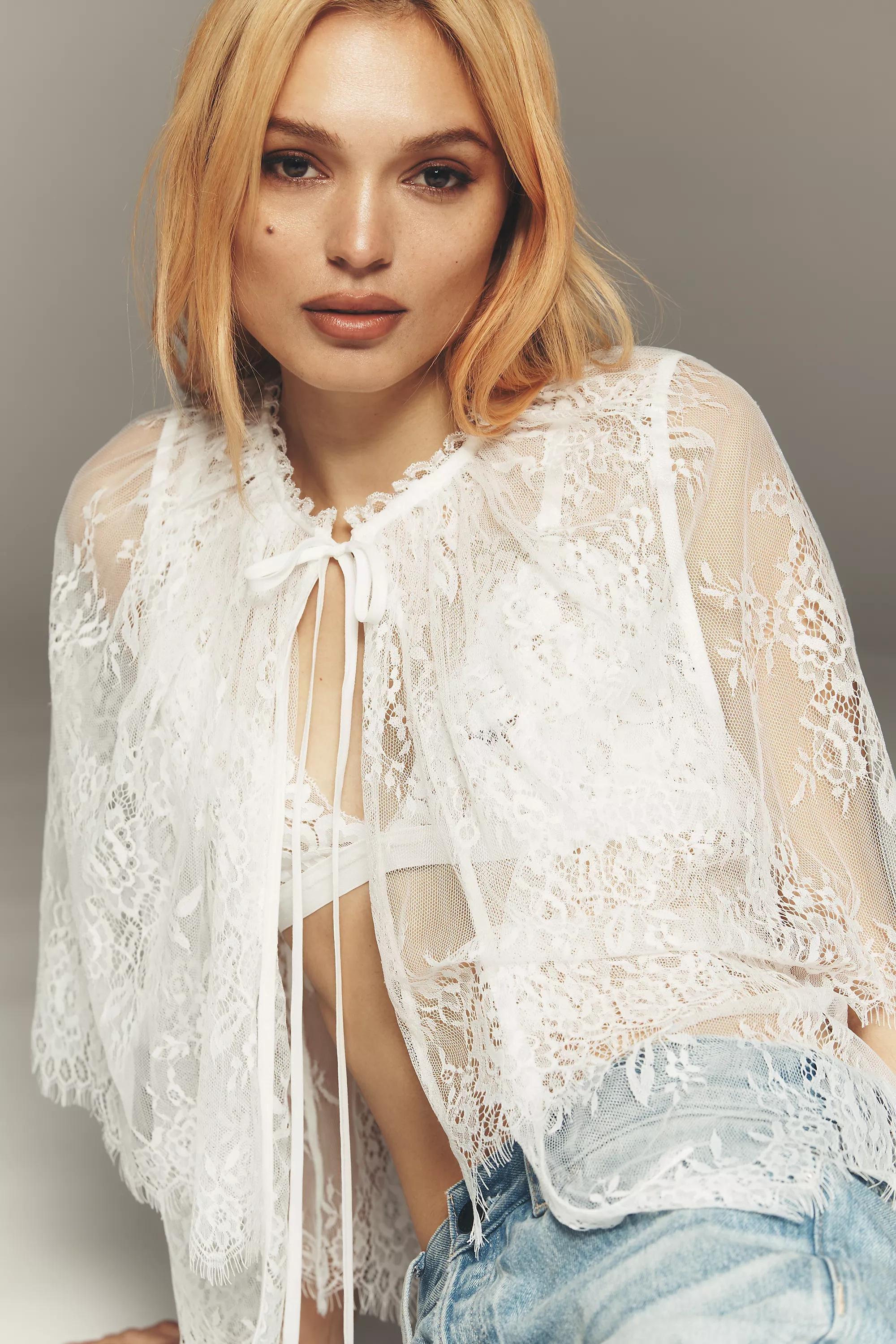 By Anthropologie Lace Tie-Front Poncho Cape, Cream, Cream, medium