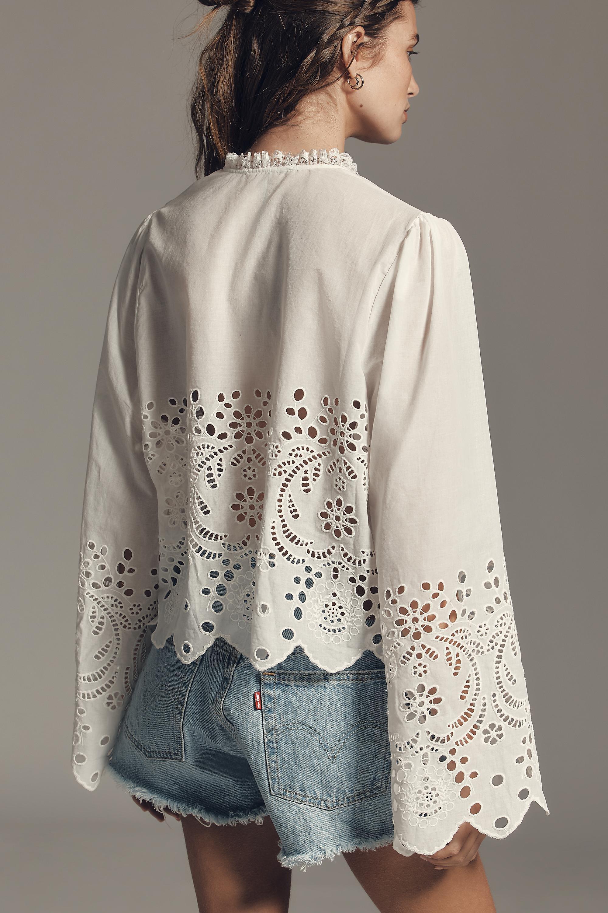 By Anthropologie Eyelet Tie-Front Blouse, White, A501_0010, medium