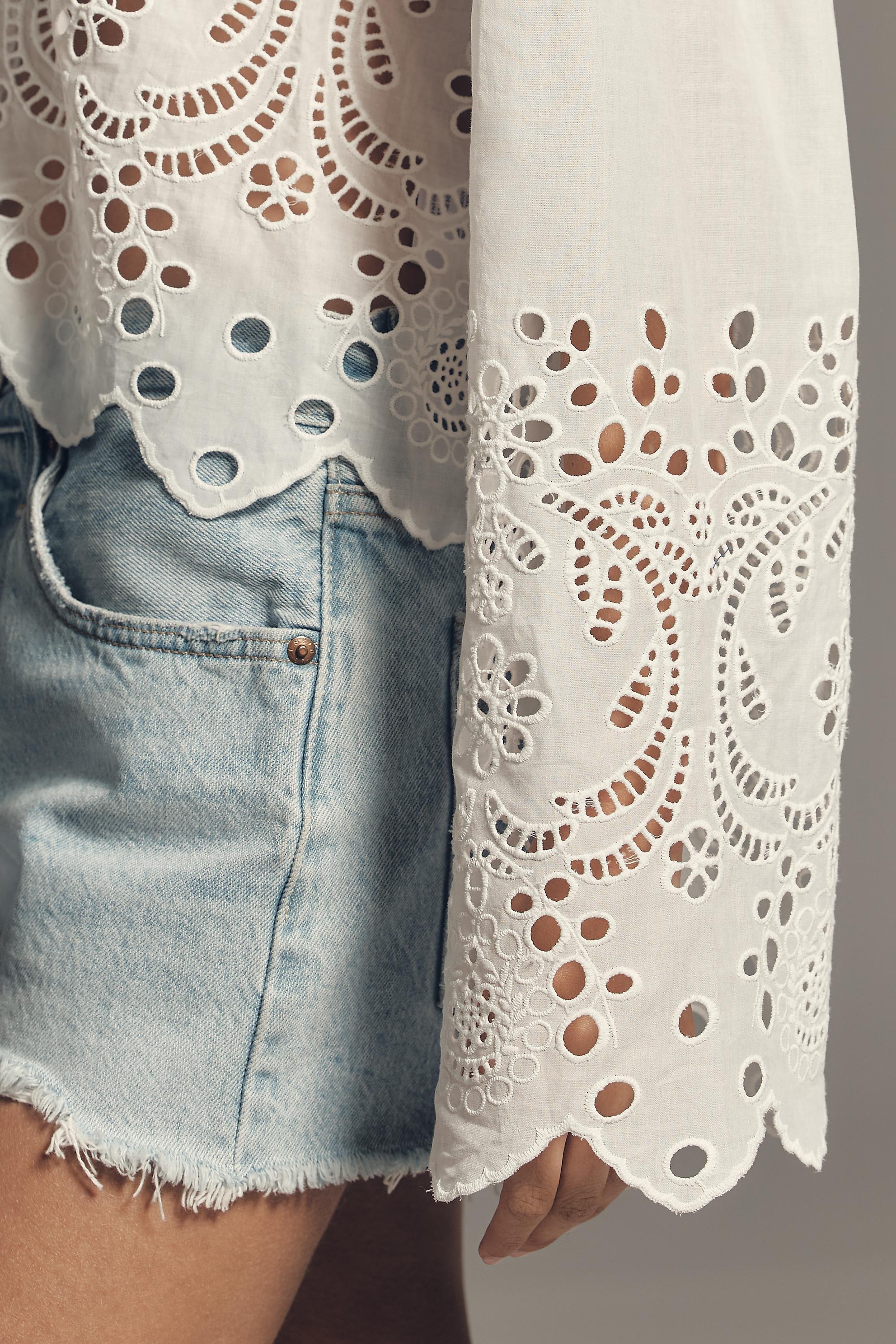 By Anthropologie Eyelet Tie-Front Blouse, White, A501_0010, large image number 2