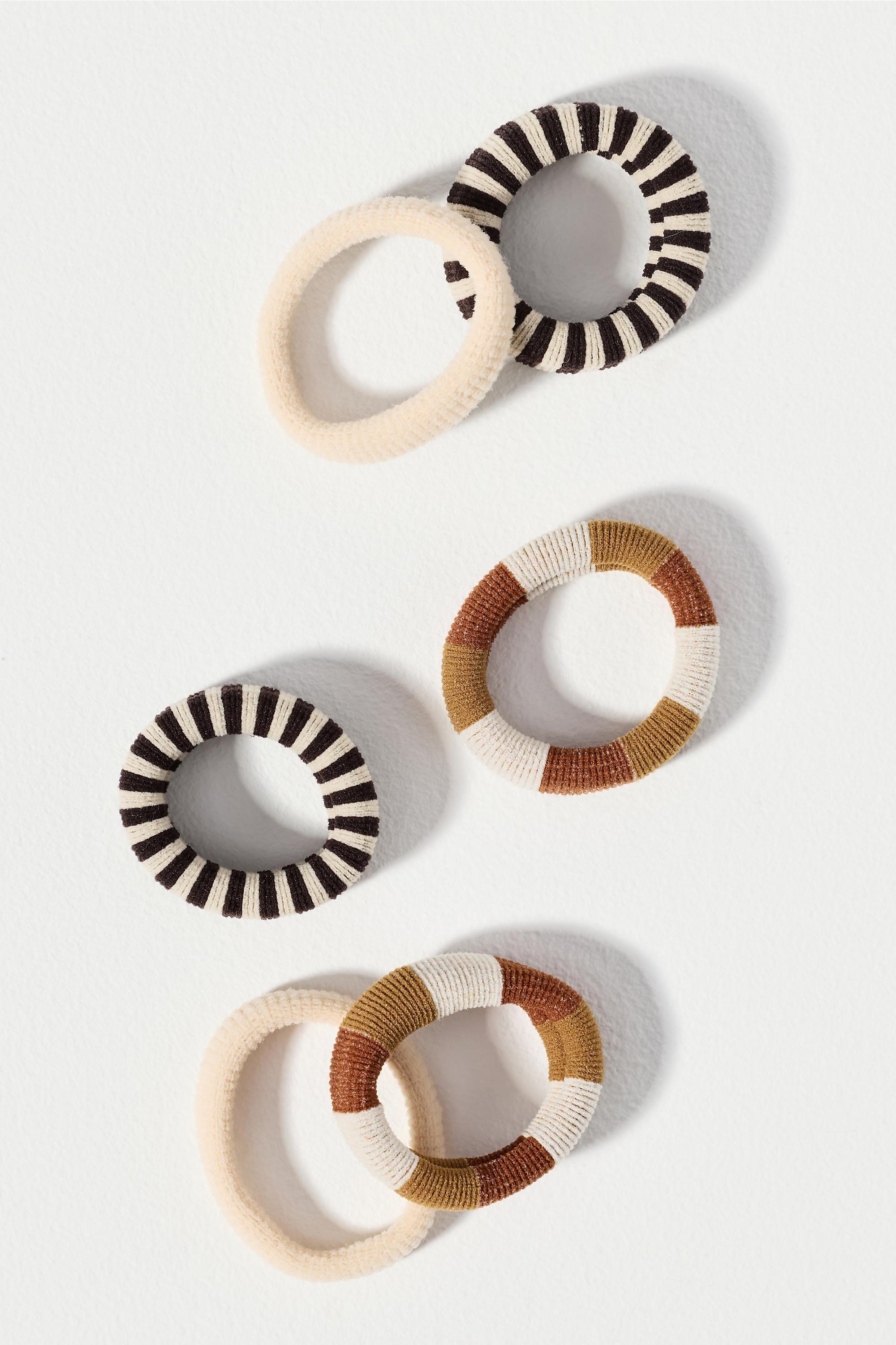 Striped Hair Ties, Set Of 6, Brown, Brown, large image number 0