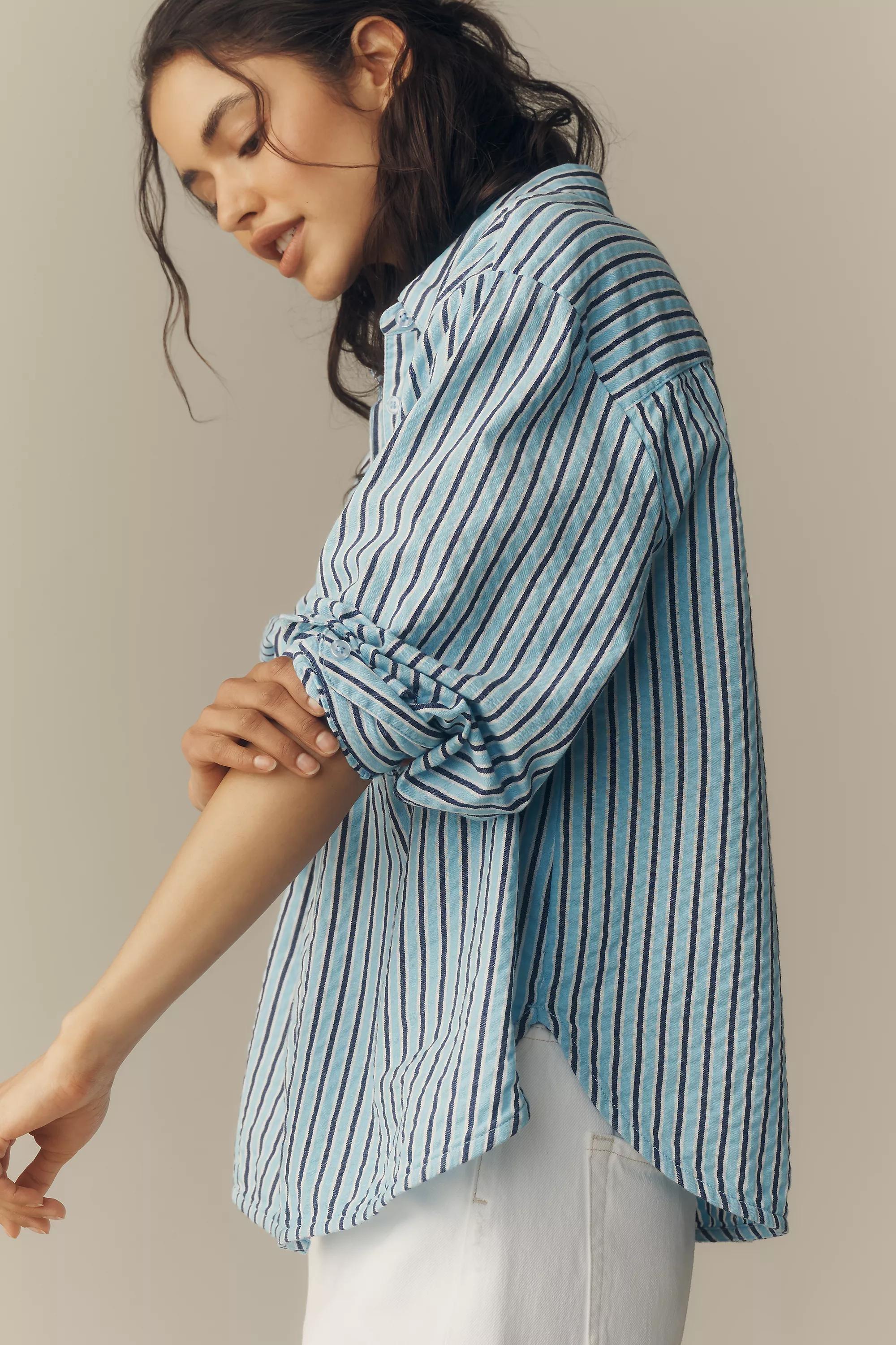 The Shrunken Bennet Seersucker Button-Down Shirt By Maeve, Blue, Blue, large image number 3