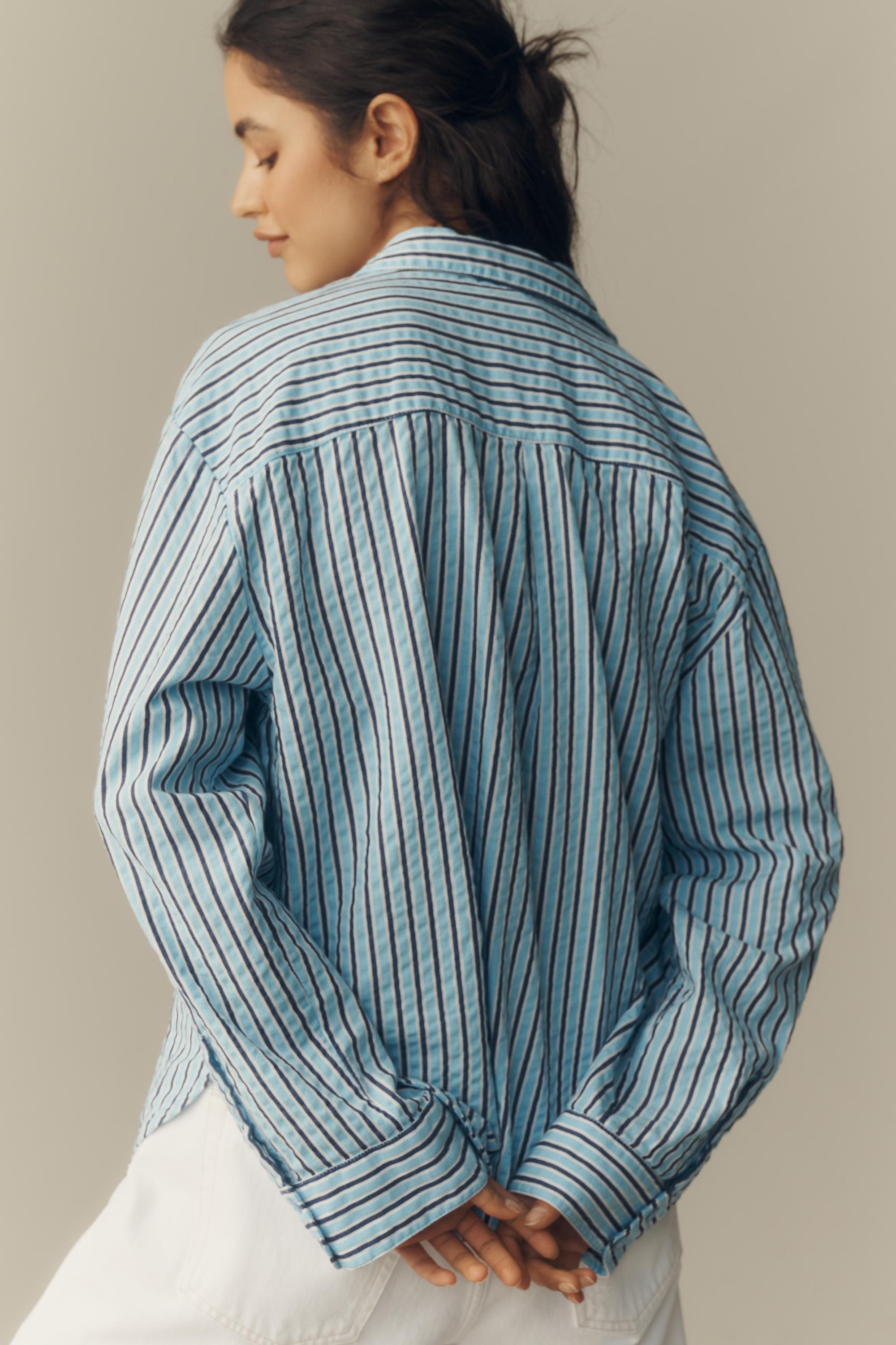 The Shrunken Bennet Seersucker Button-Down Shirt By Maeve, Blue, Blue, large image number 4