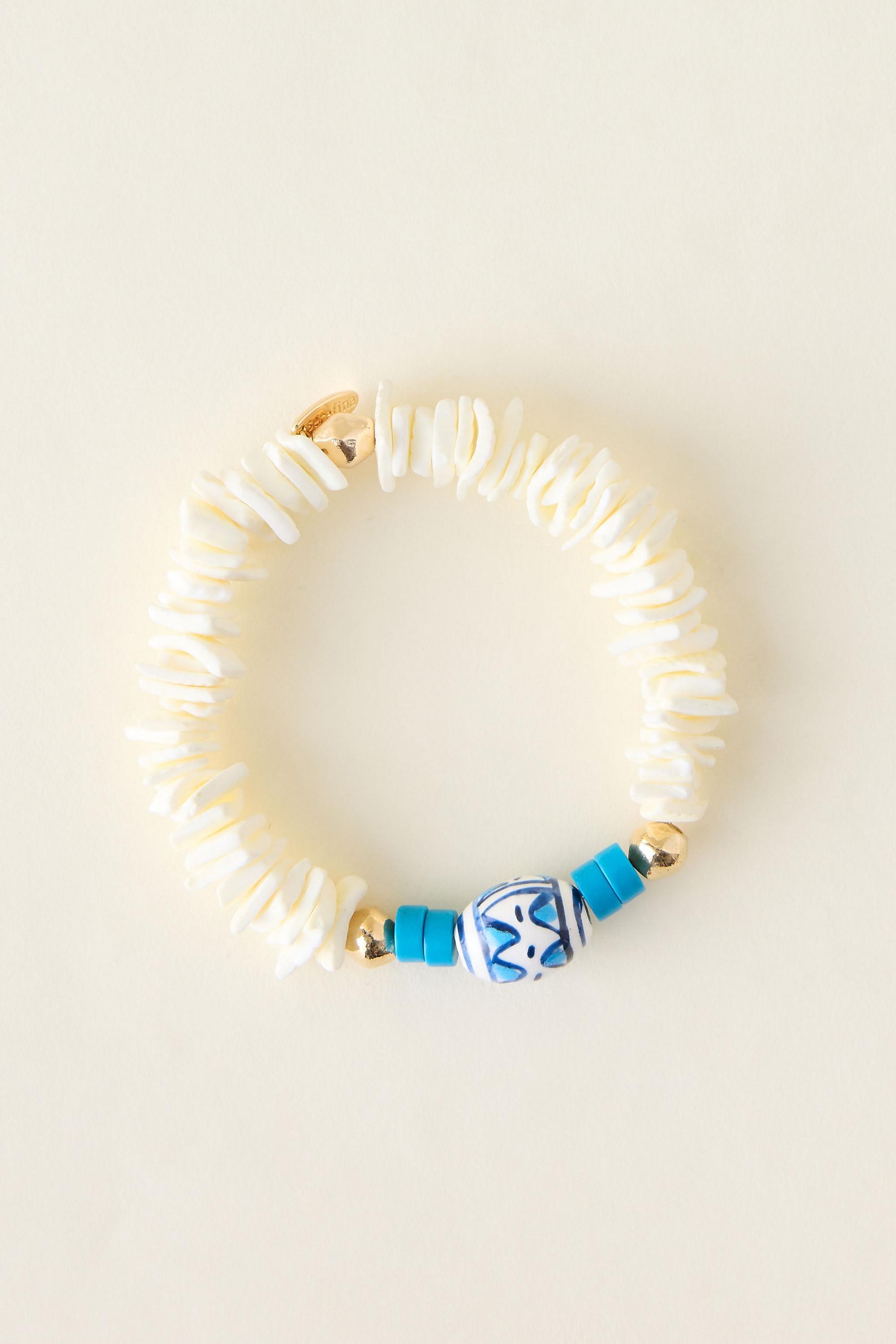 Flat Shell Beaded Stretch Bracelet, White, A501_0010, large image number 0