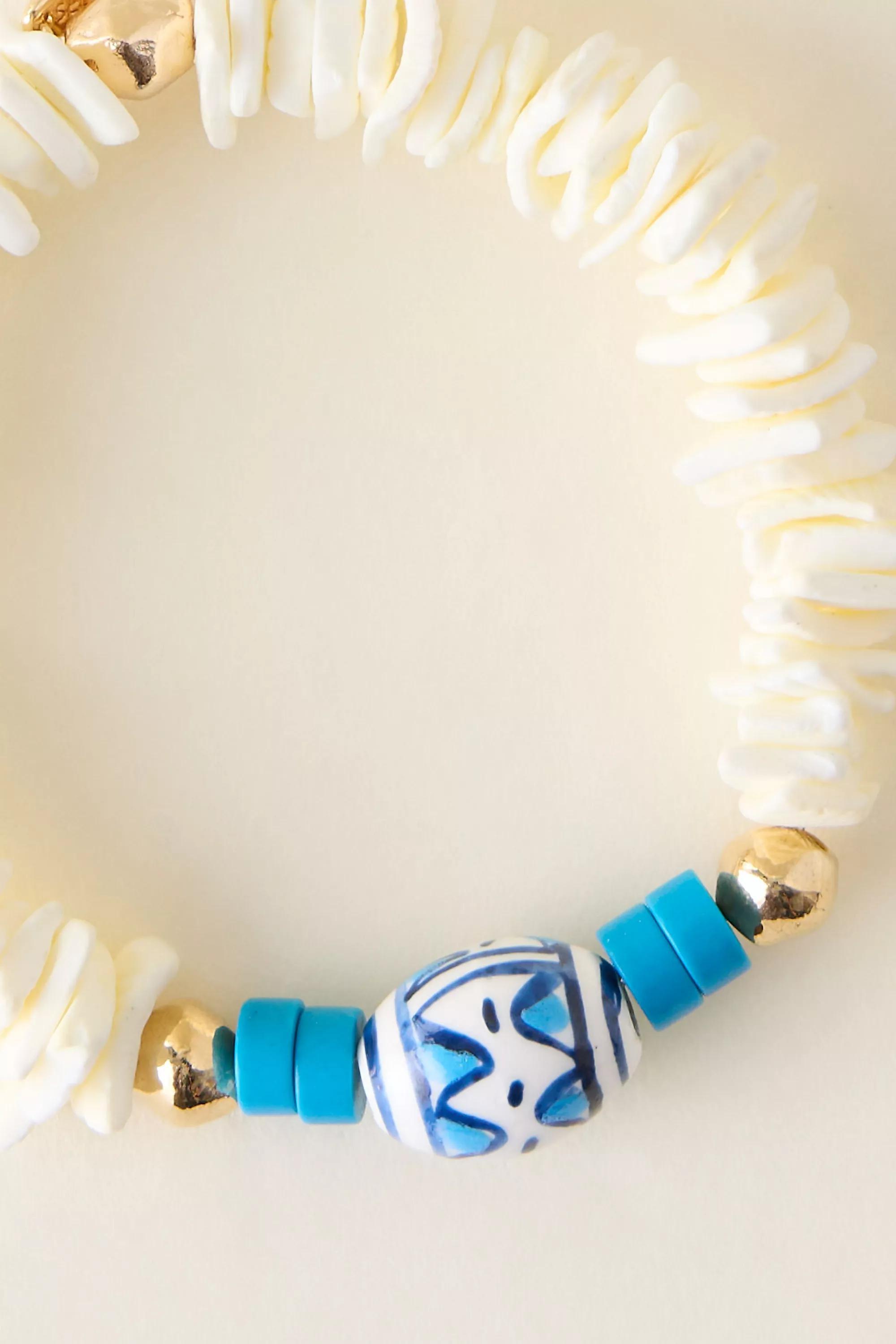 Flat Shell Beaded Stretch Bracelet, White, A501_0010, large image number 1