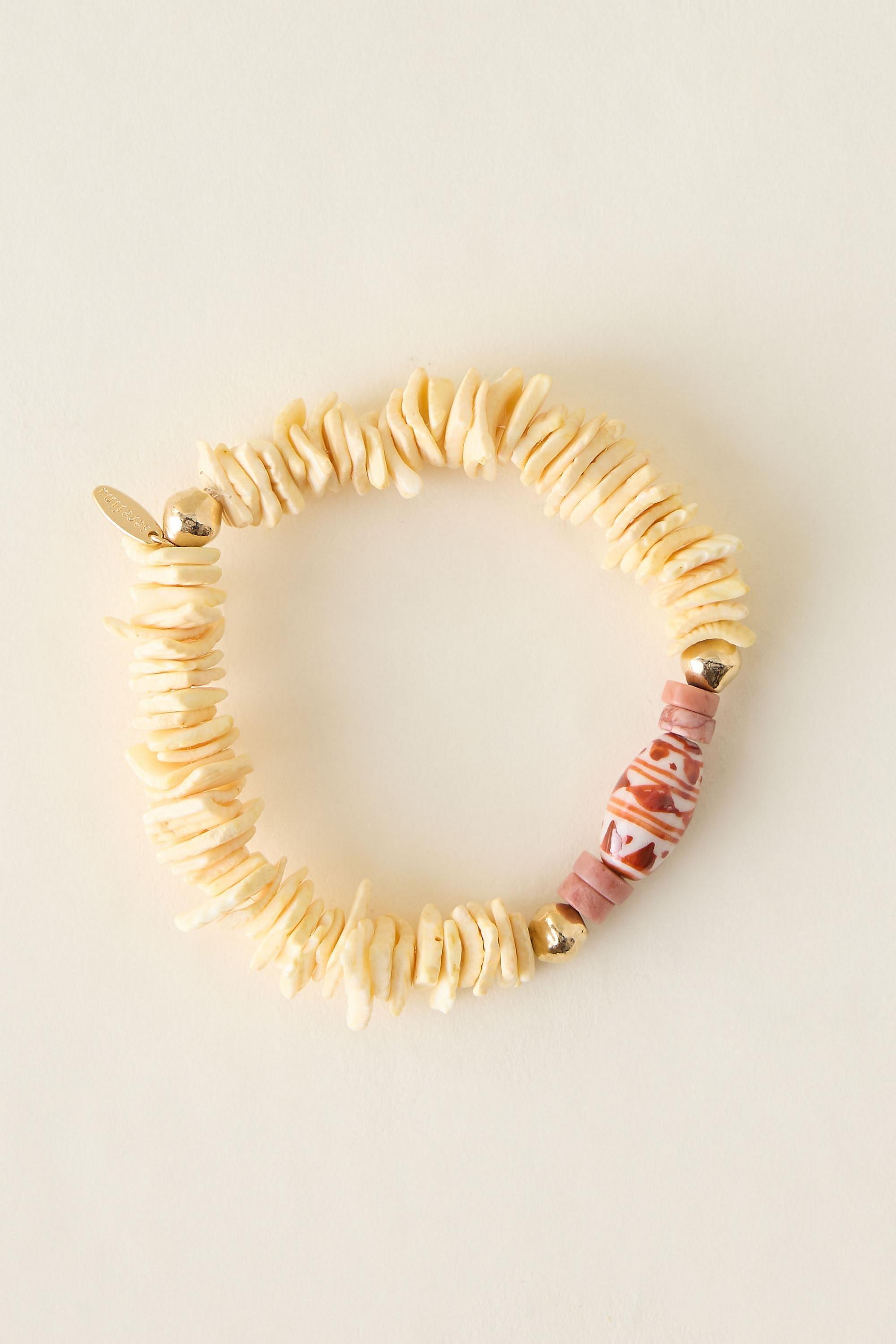 Flat Shell Beaded Stretch Bracelet, Yellow, A501_0072, large image number 0