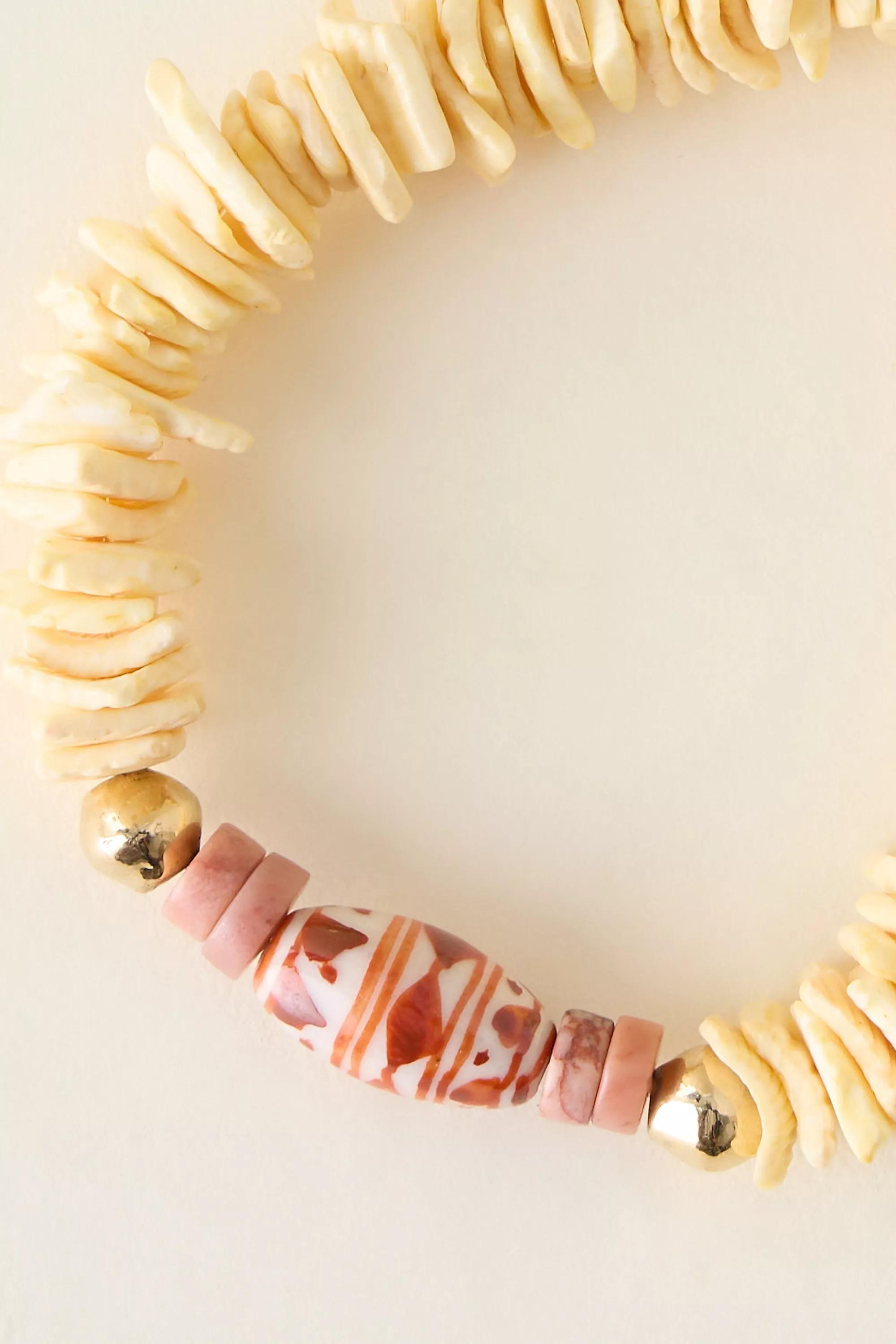 Flat Shell Beaded Stretch Bracelet, Yellow, A501_0072, medium