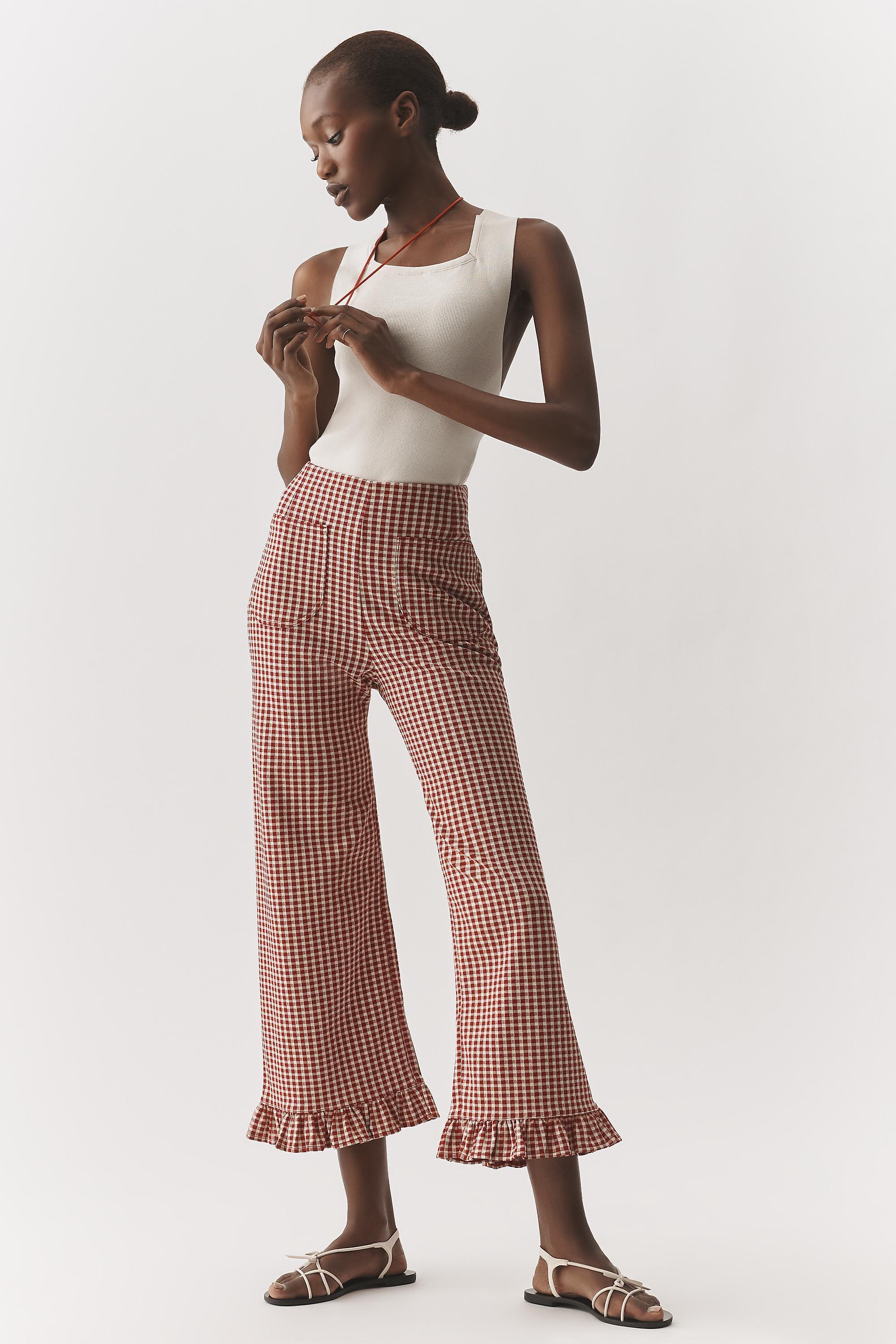 RED The Colette Gingham Ruffled Cropped Wide-Leg Trousers by Maeve, Red, medium