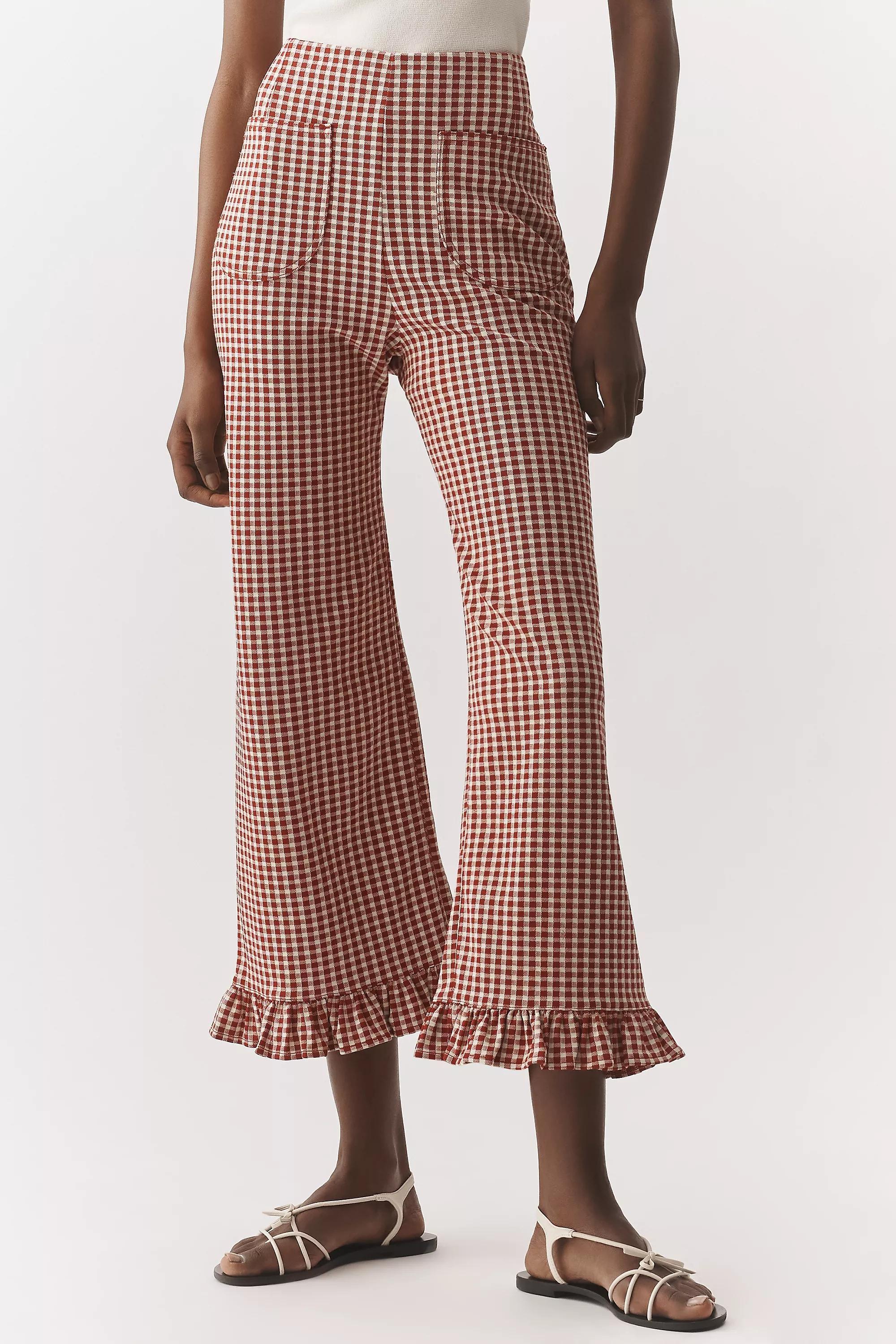 RED The Colette Gingham Ruffled Cropped Wide-Leg Trousers by Maeve, Red, medium