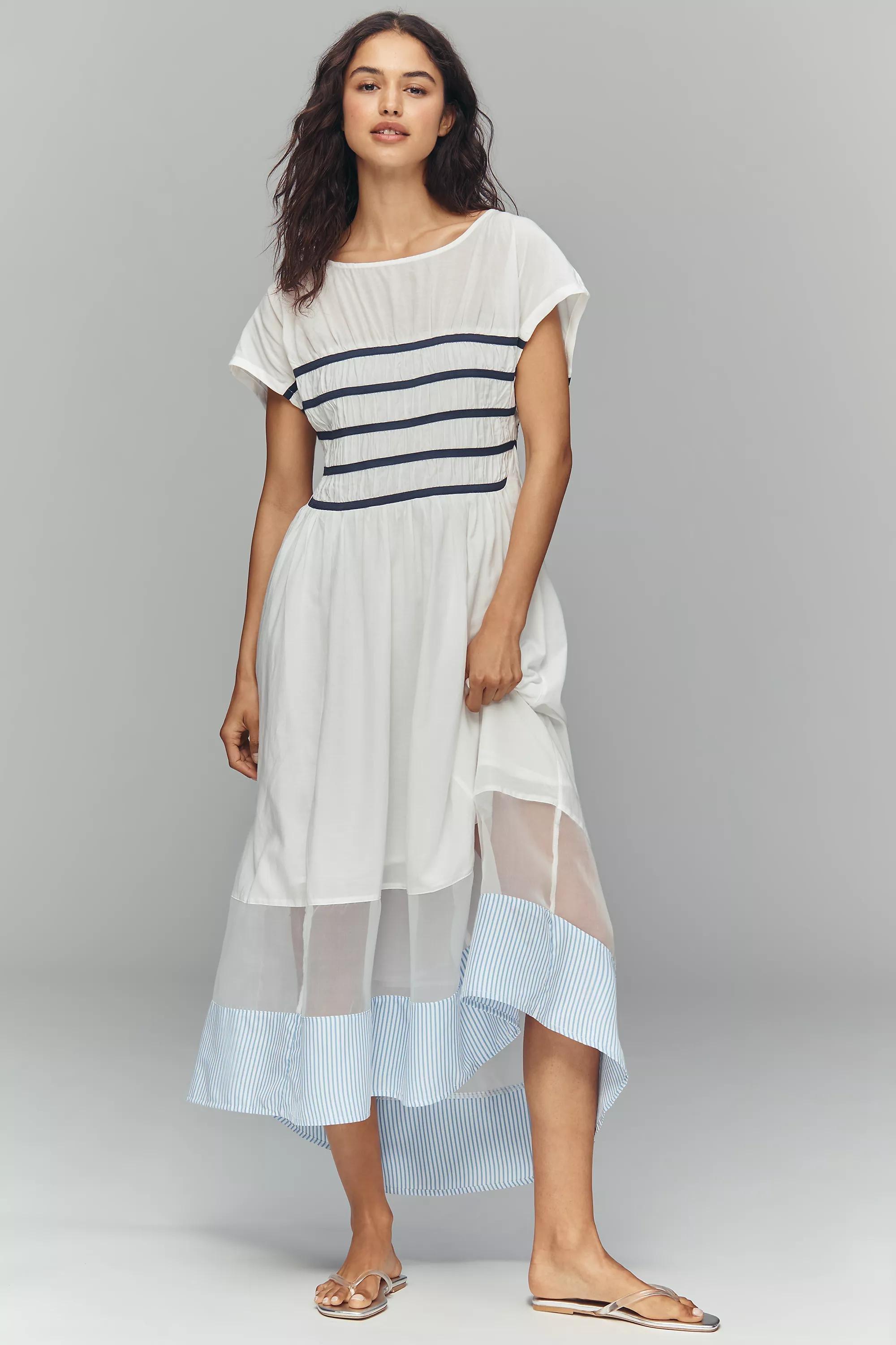 Maeve Smocked Short-Sleeve Sheer Hem Midi Dress, White, large image number 0