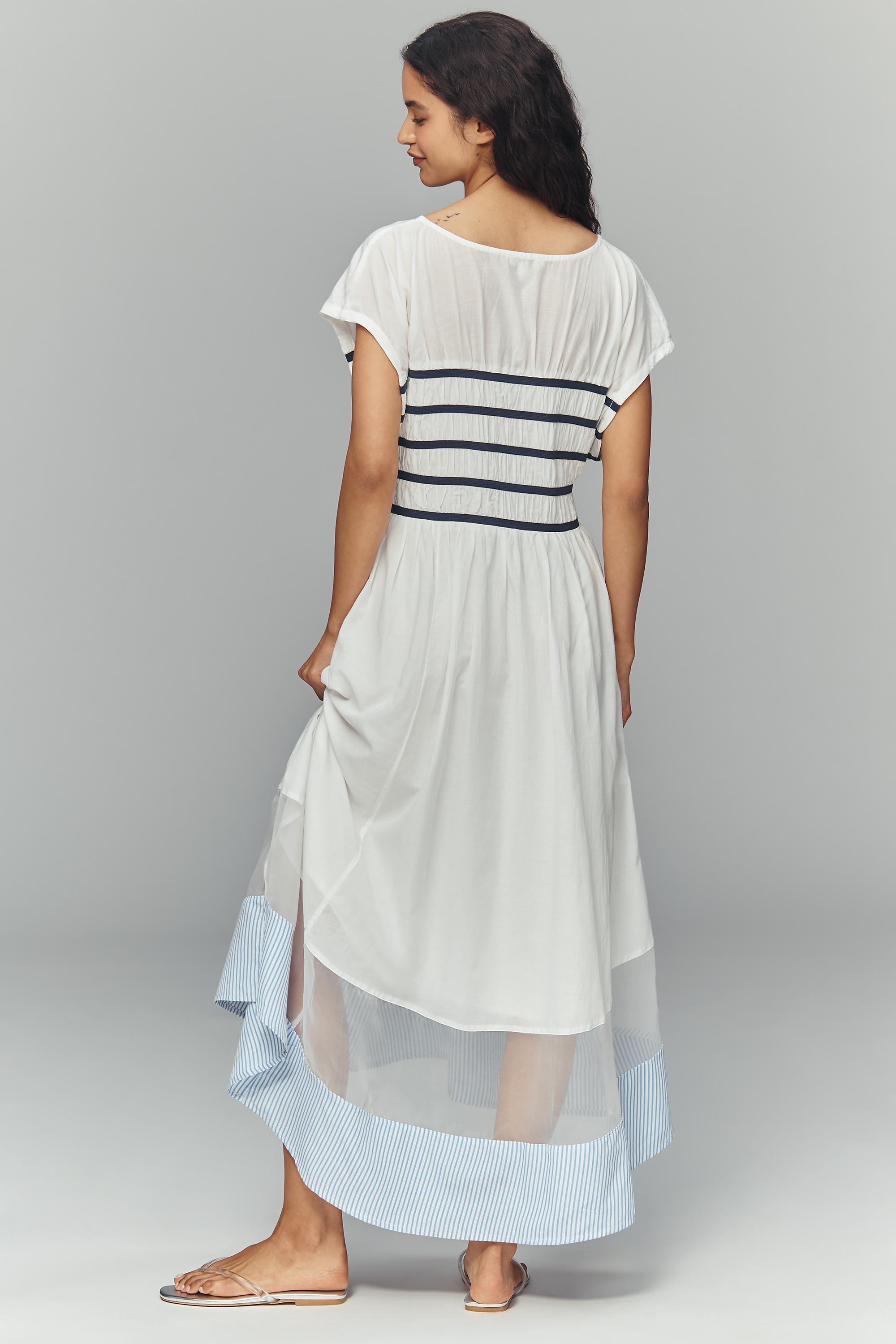 Maeve Smocked Short-Sleeve Sheer Hem Midi Dress, White, large image number 2
