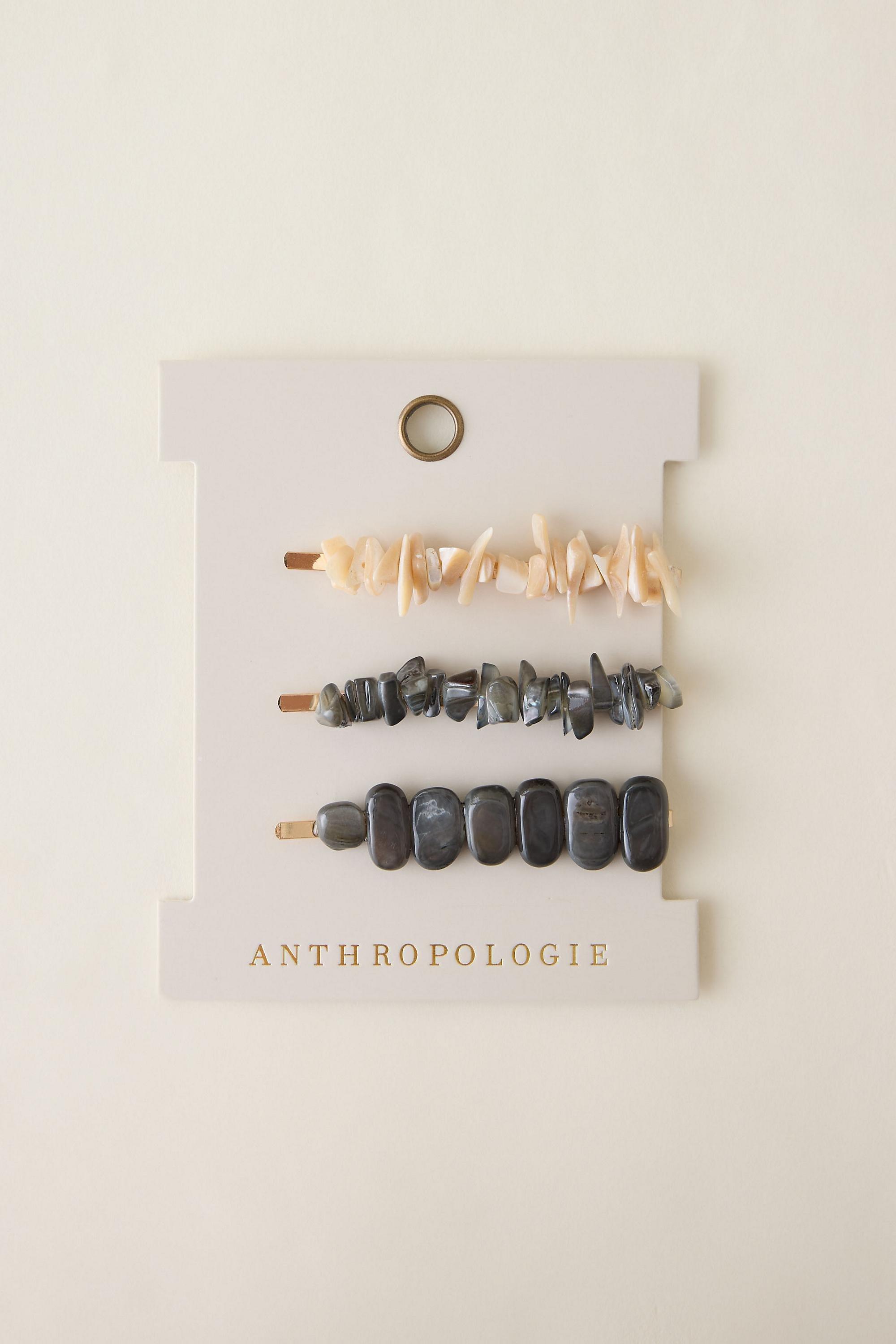 Stone Hair Clips, Set Of 3, White, Beige, large image number 1