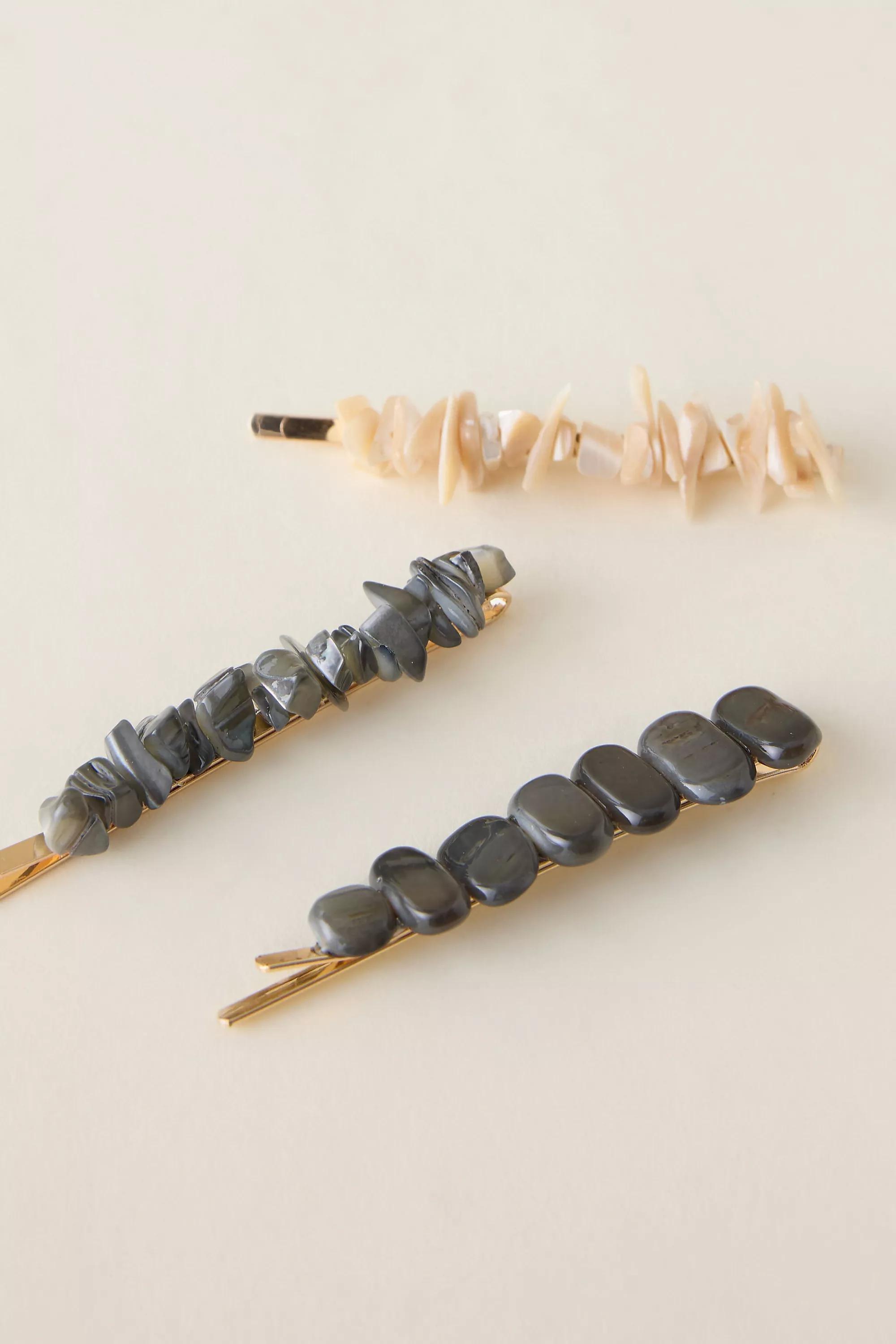 Stone Hair Clips, Set Of 3, White, Beige, large image number 3