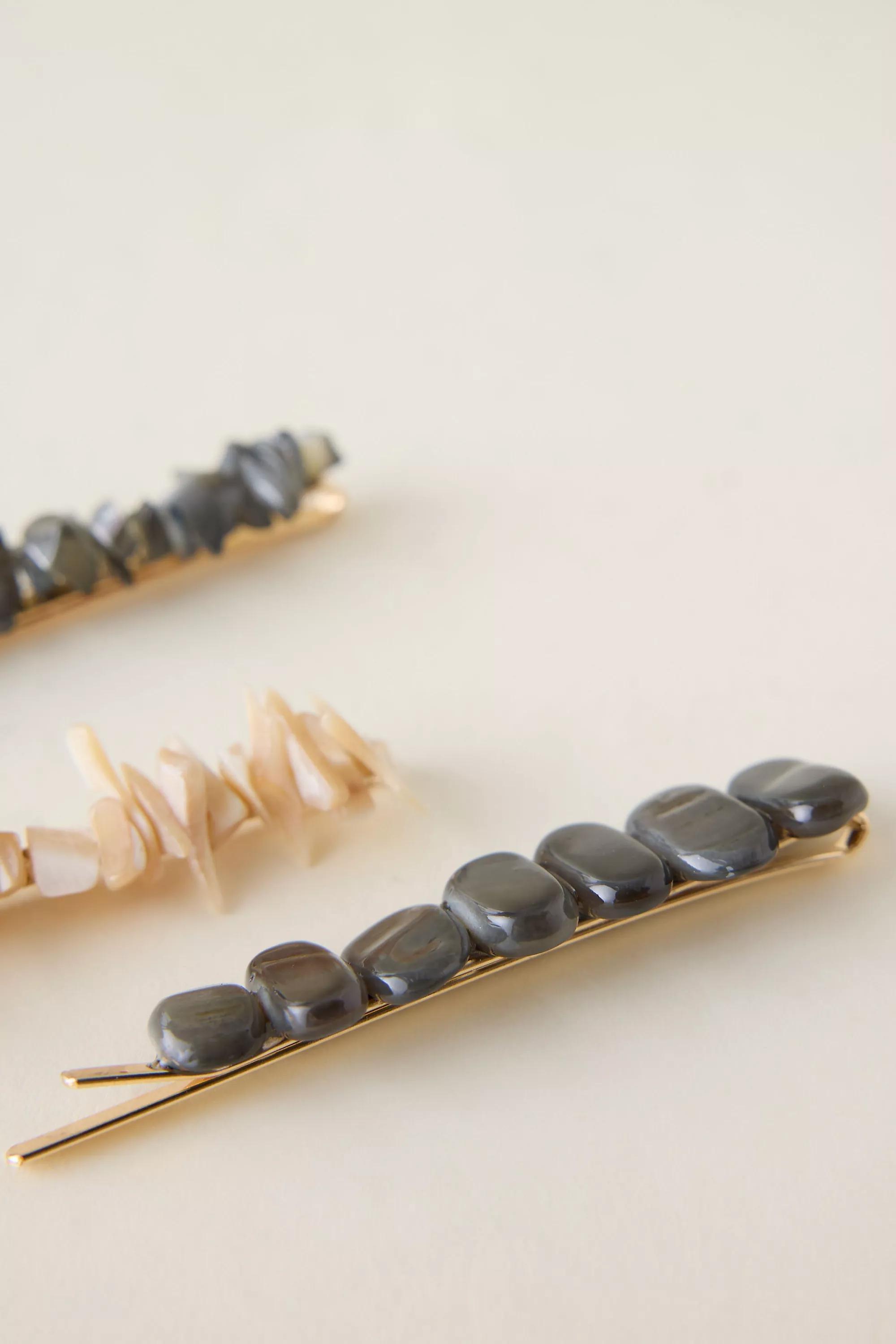 Stone Hair Clips, Set Of 3, White, Beige, large image number 4