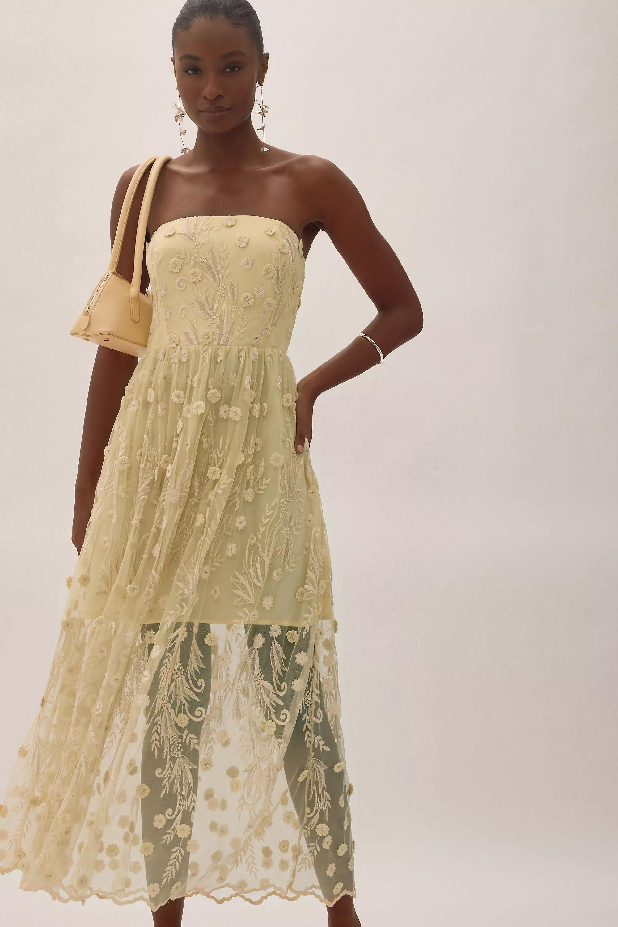 By Anthropologie Jade Bandeau Floral Embroidered Midi Dress, Yellow, A501_0072, large image number 0