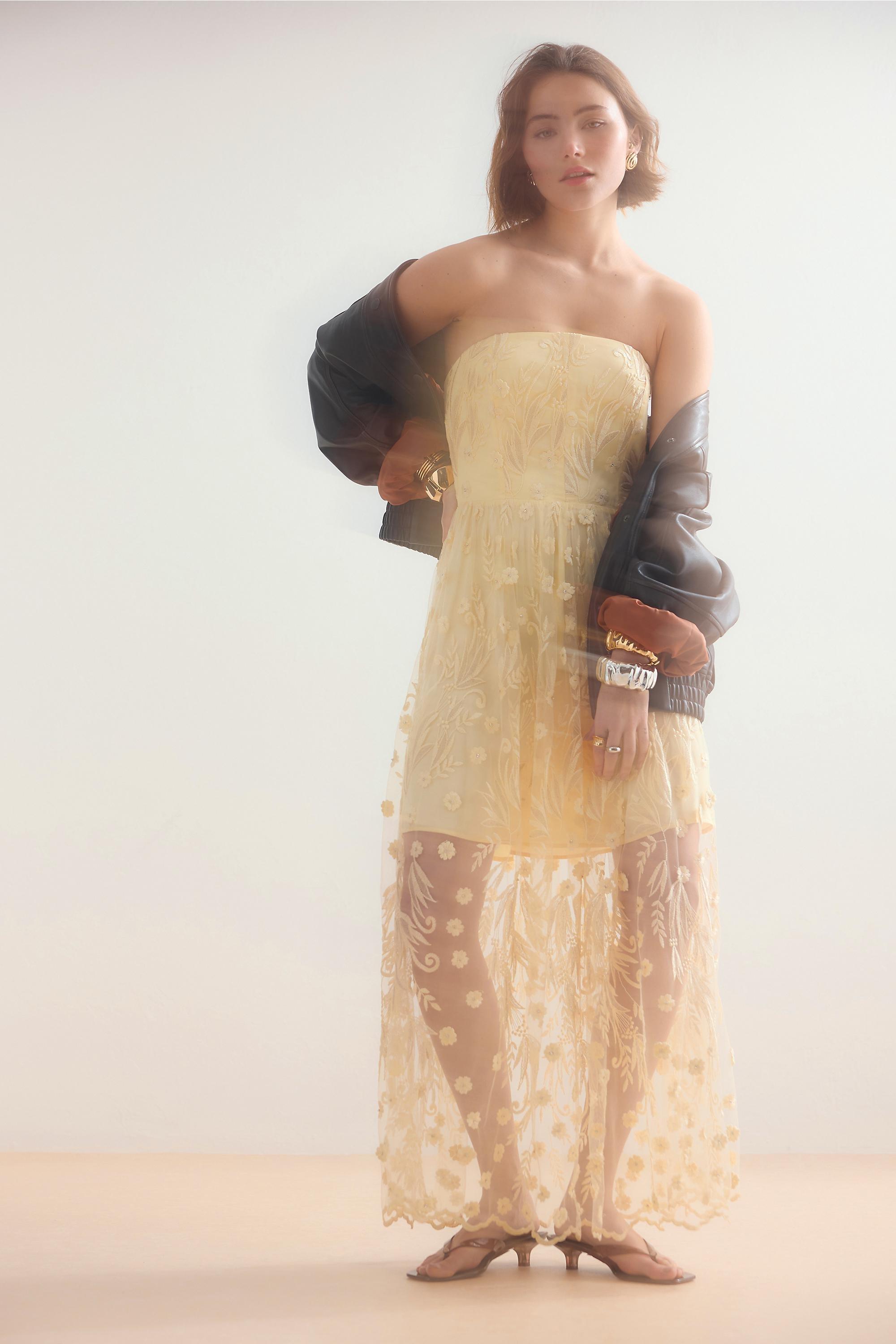 By Anthropologie Jade Bandeau Floral Embroidered Midi Dress, Yellow, A501_0072, large image number 3