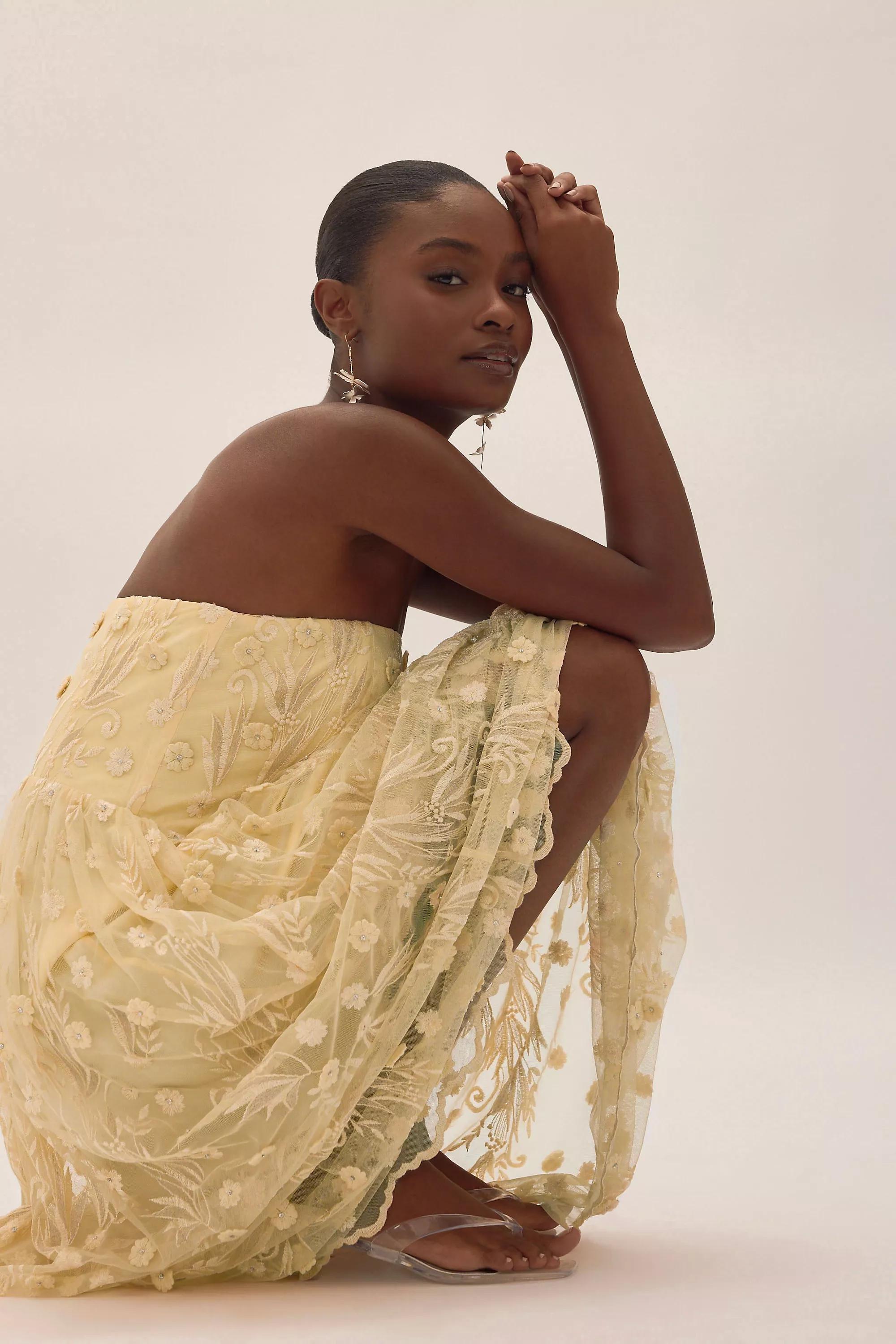 By Anthropologie Jade Bandeau Floral Embroidered Midi Dress, Yellow, A501_0072, large image number 6