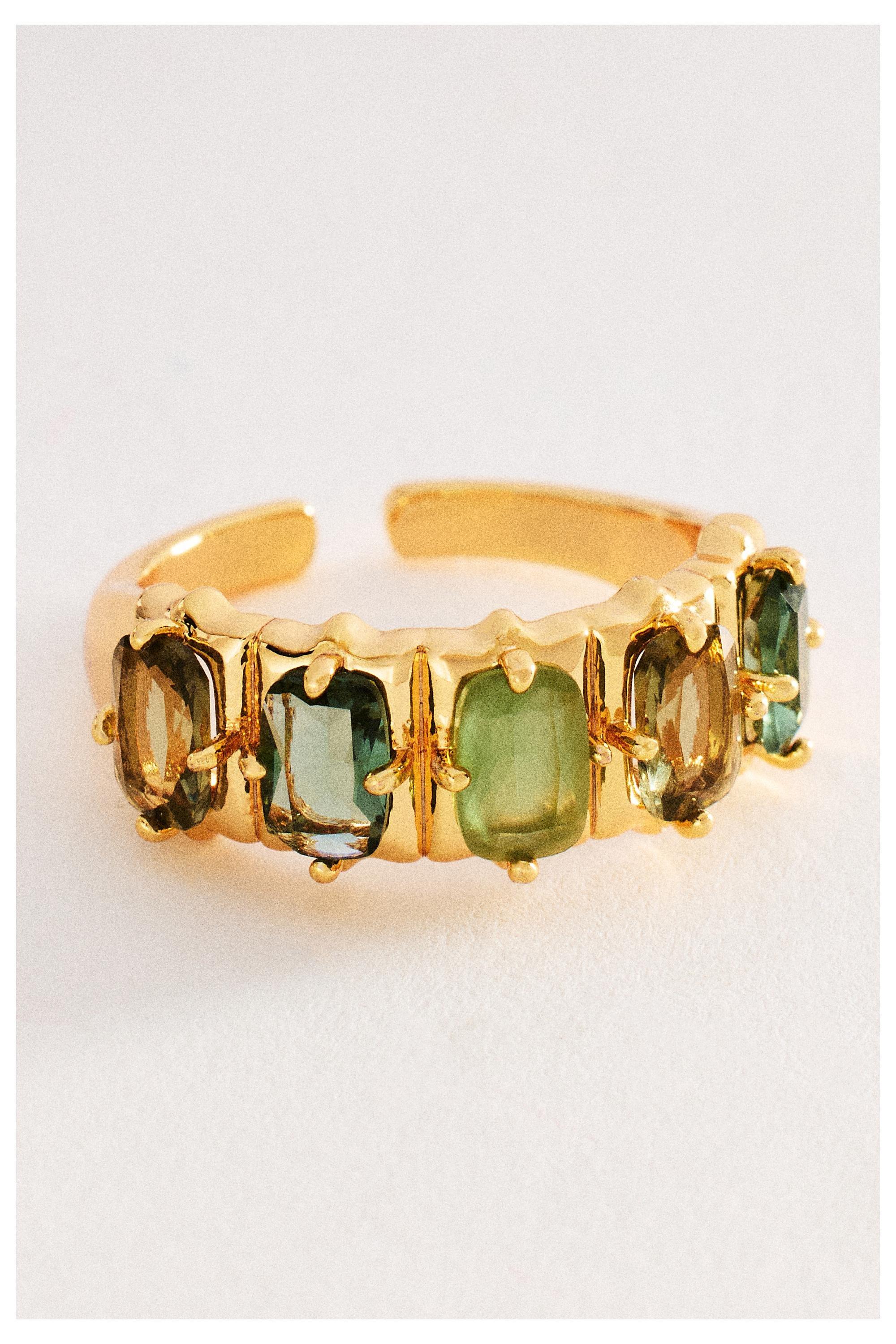 Crystal Baguette Ring, Gold, Green, medium