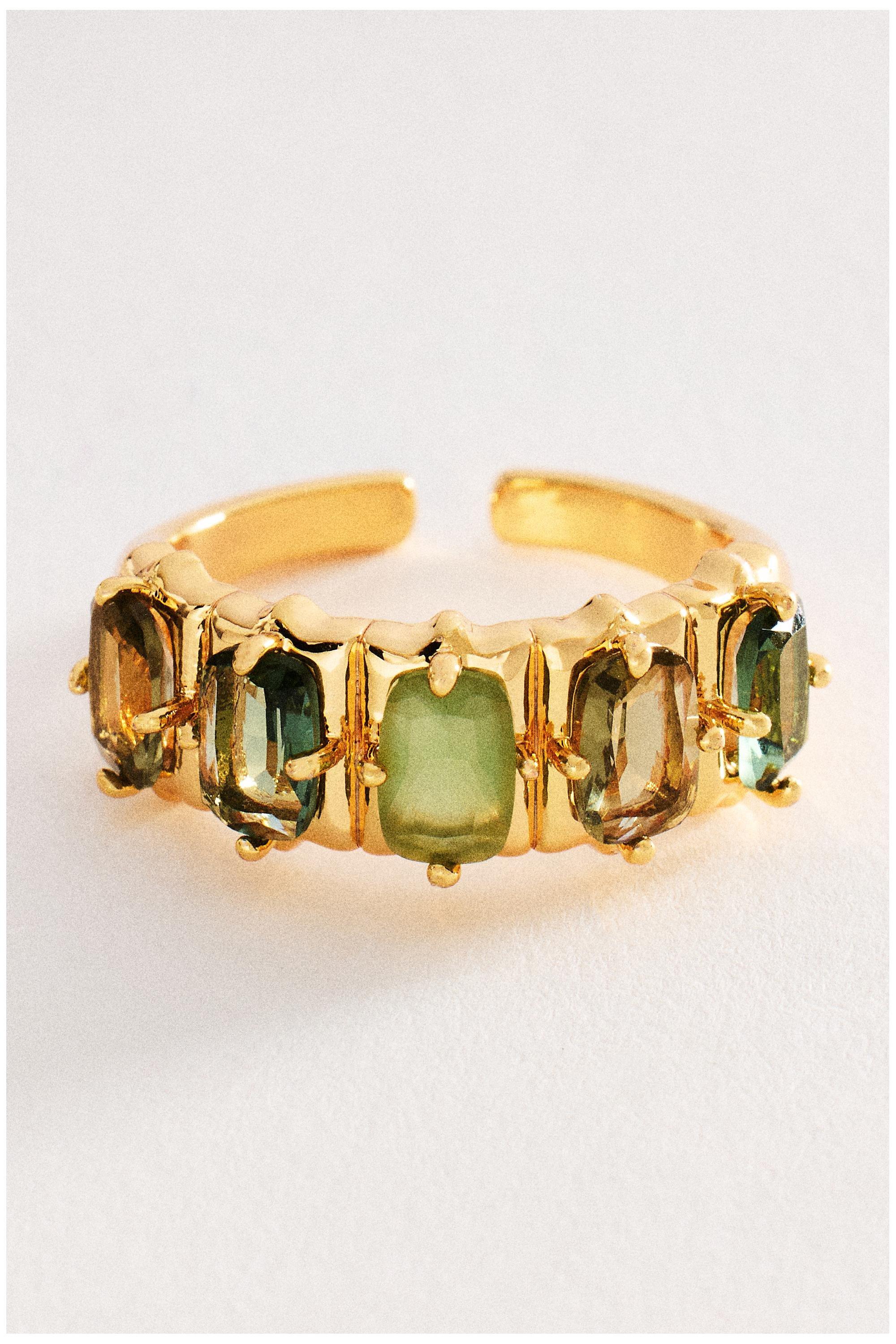 Crystal Baguette Ring, Gold, Green, large image number 1