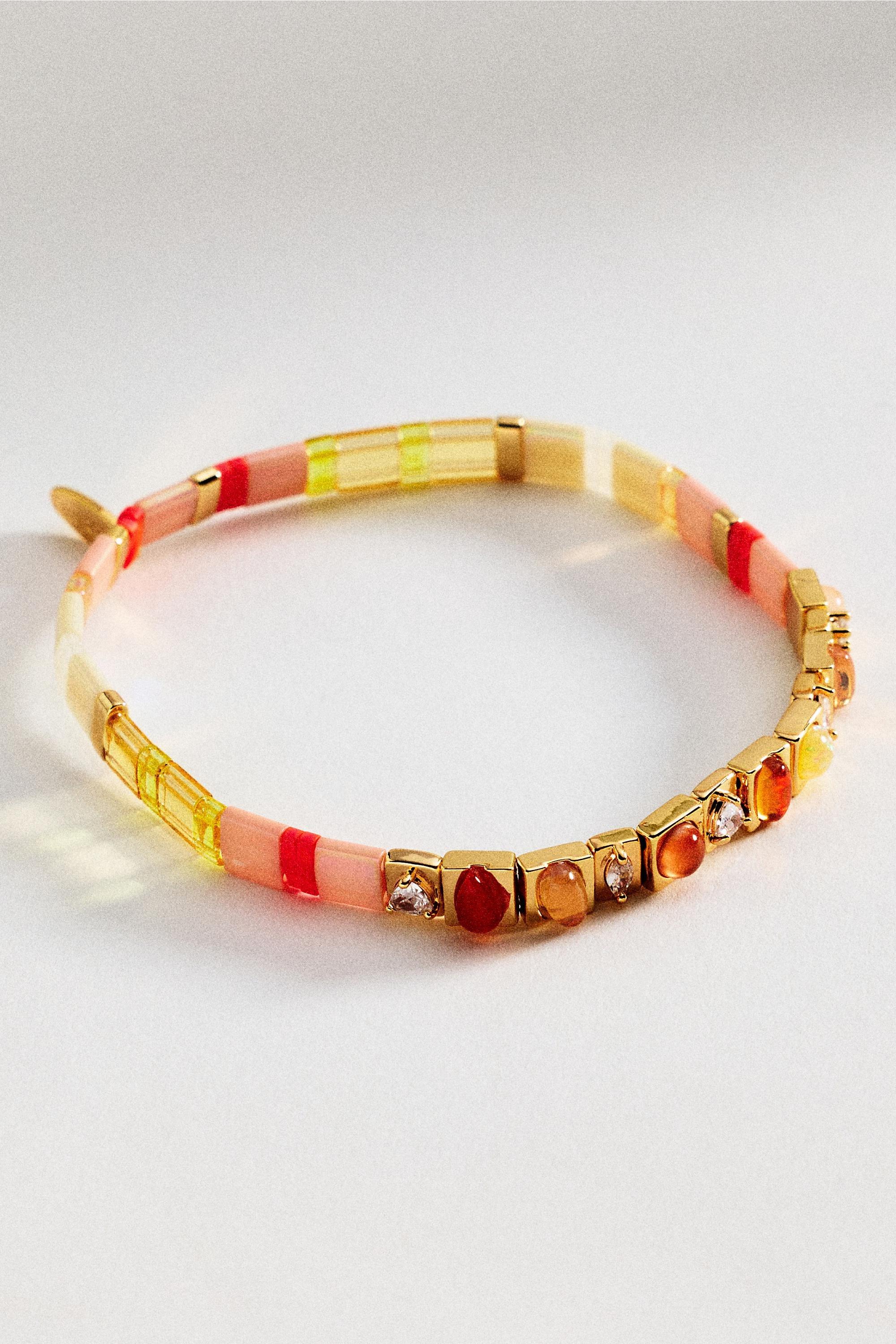 Colourful Beaded Chicklet Stretch Bracelet, Orange, Orange, large image number 0