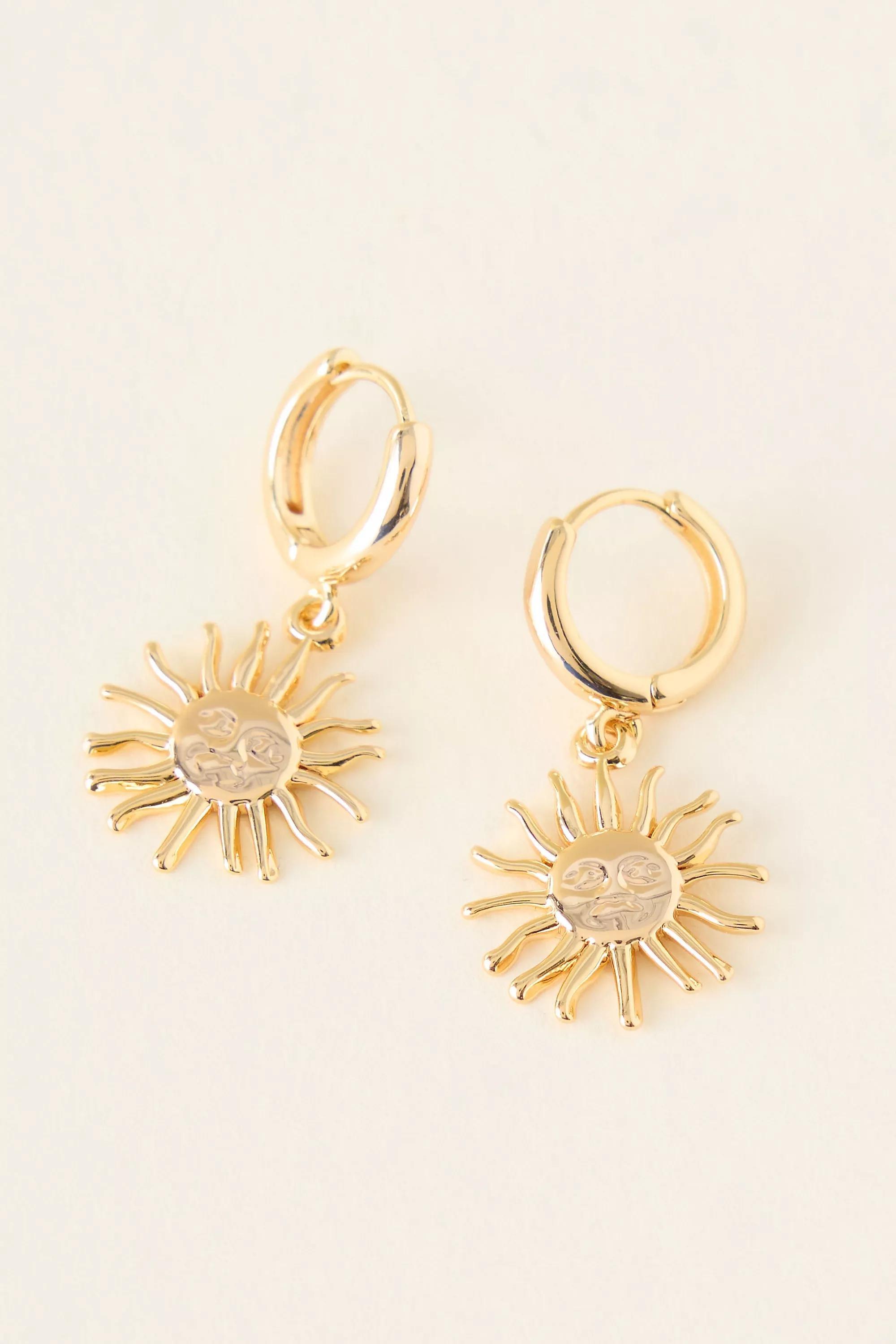 Gold-Plated Sun Huggie Hoop Earrings, Gold, Gold, medium