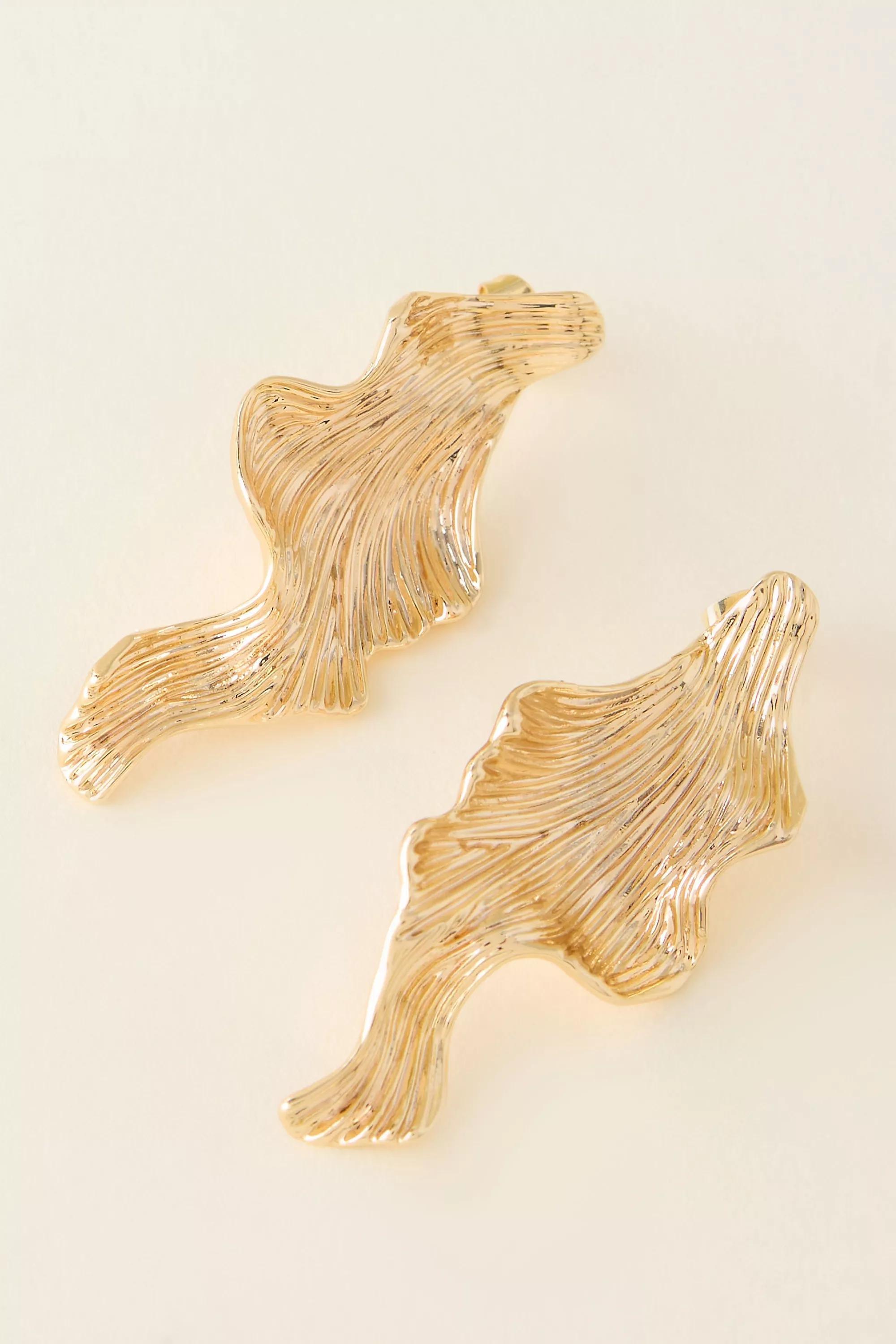 Sculptured Ribbed Stud Earrings, Gold, Gold, large image number 0