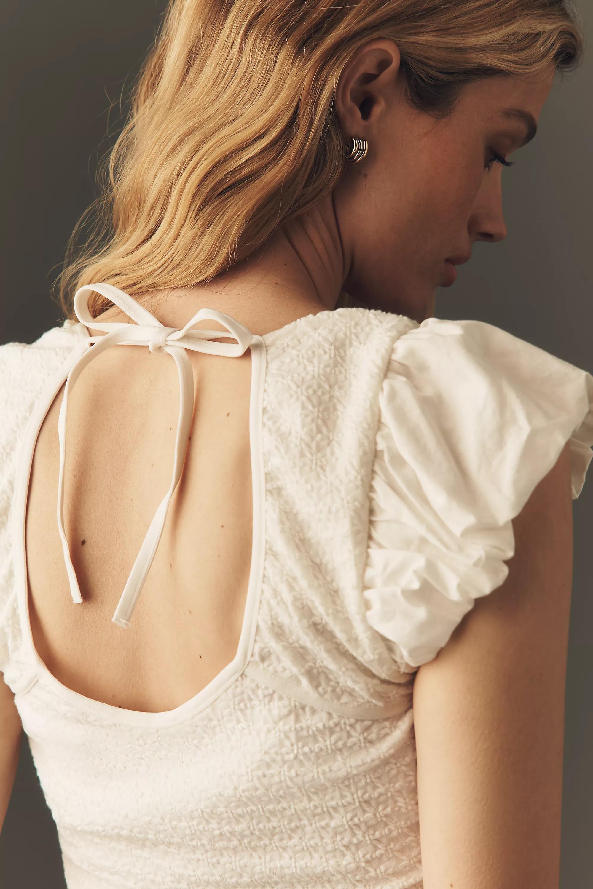 IVORY Maeve Flutter-Sleeve Square-Neck Top, Cream, large image number 3