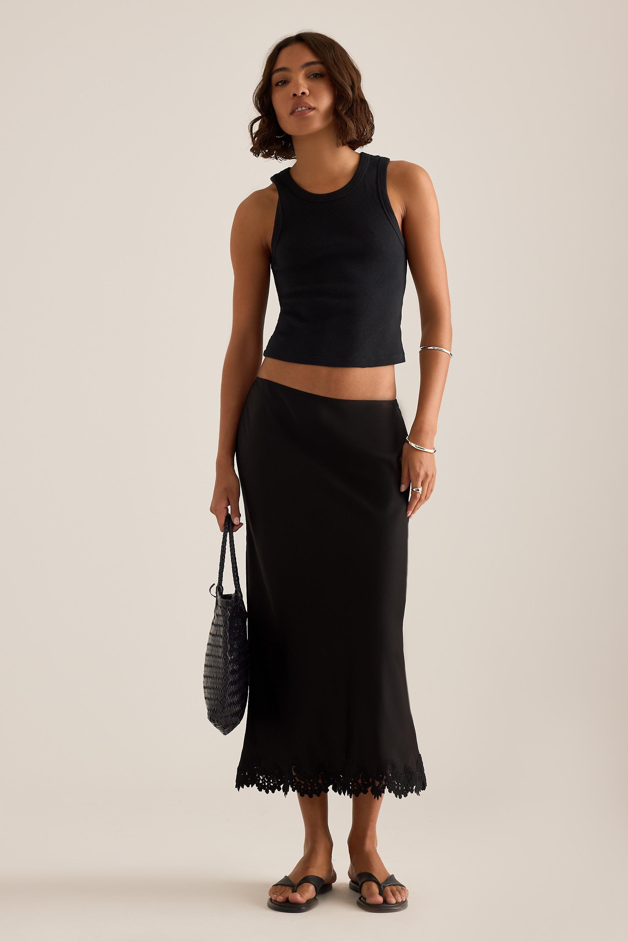 By Anthropologie Lace Trim Bias Midi Slip Skirt, Black, Black, large image number 0
