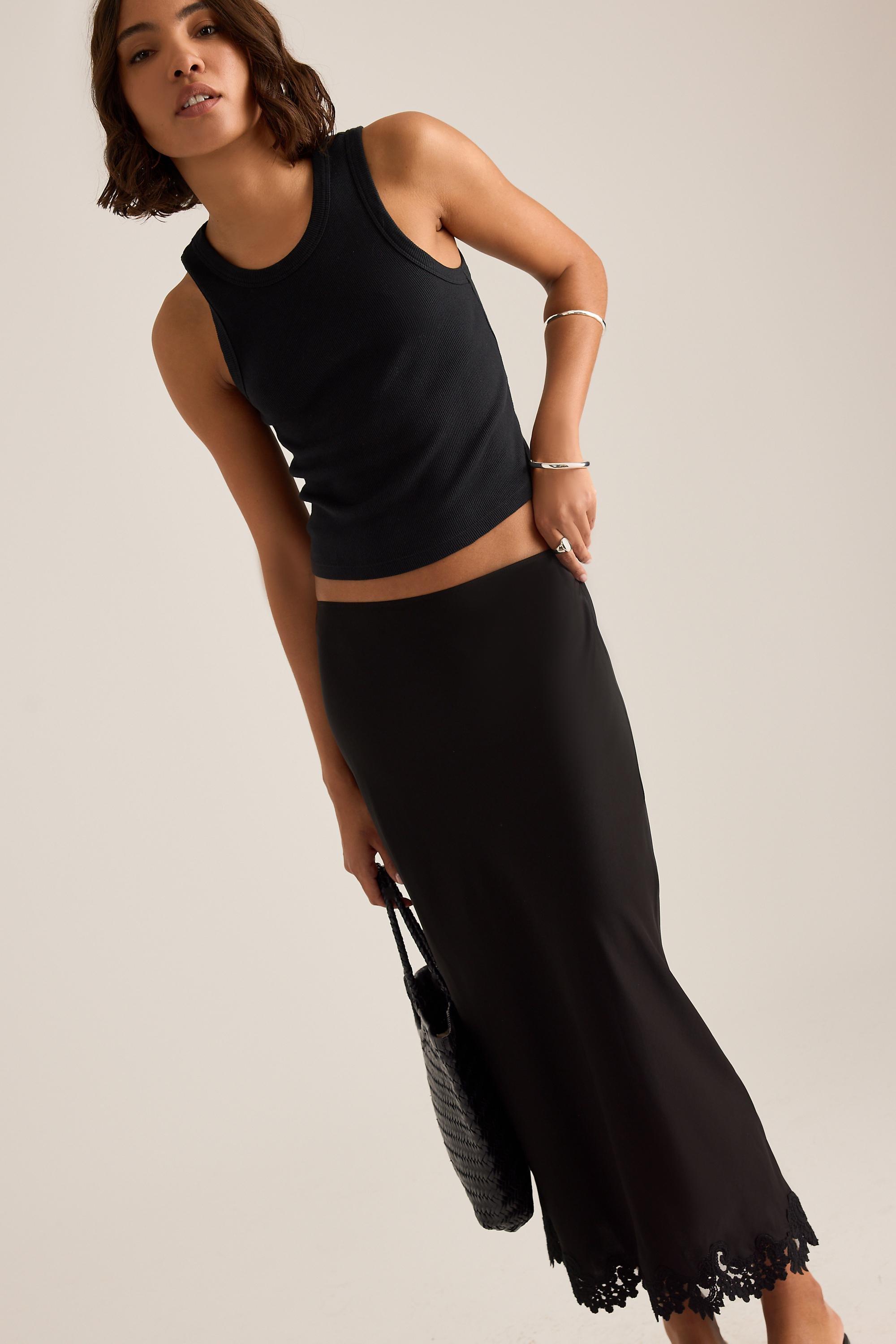 By Anthropologie Lace Trim Bias Midi Slip Skirt, Black, Black, large image number 1
