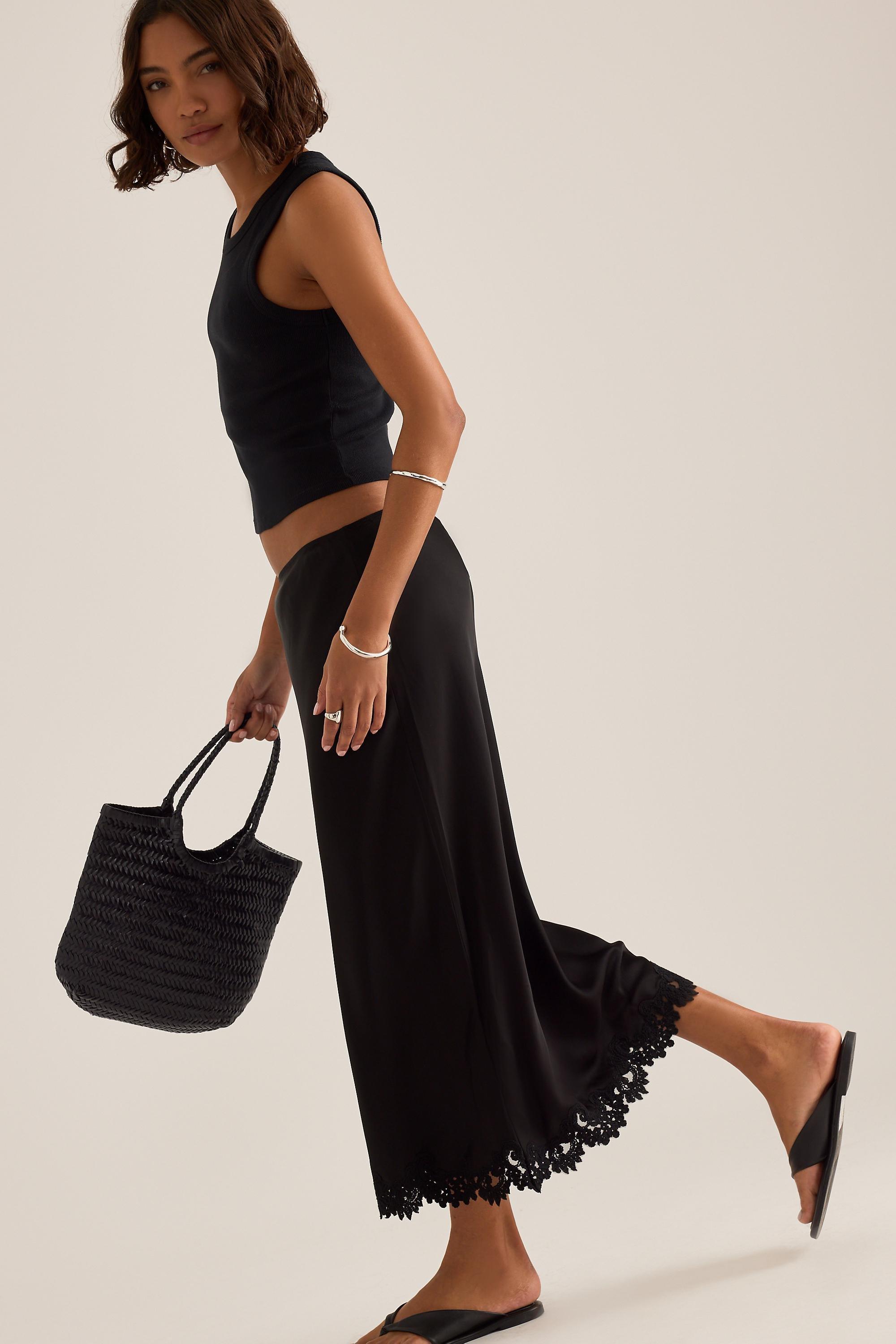 By Anthropologie Lace Trim Bias Midi Slip Skirt, Black, Black, large image number 3
