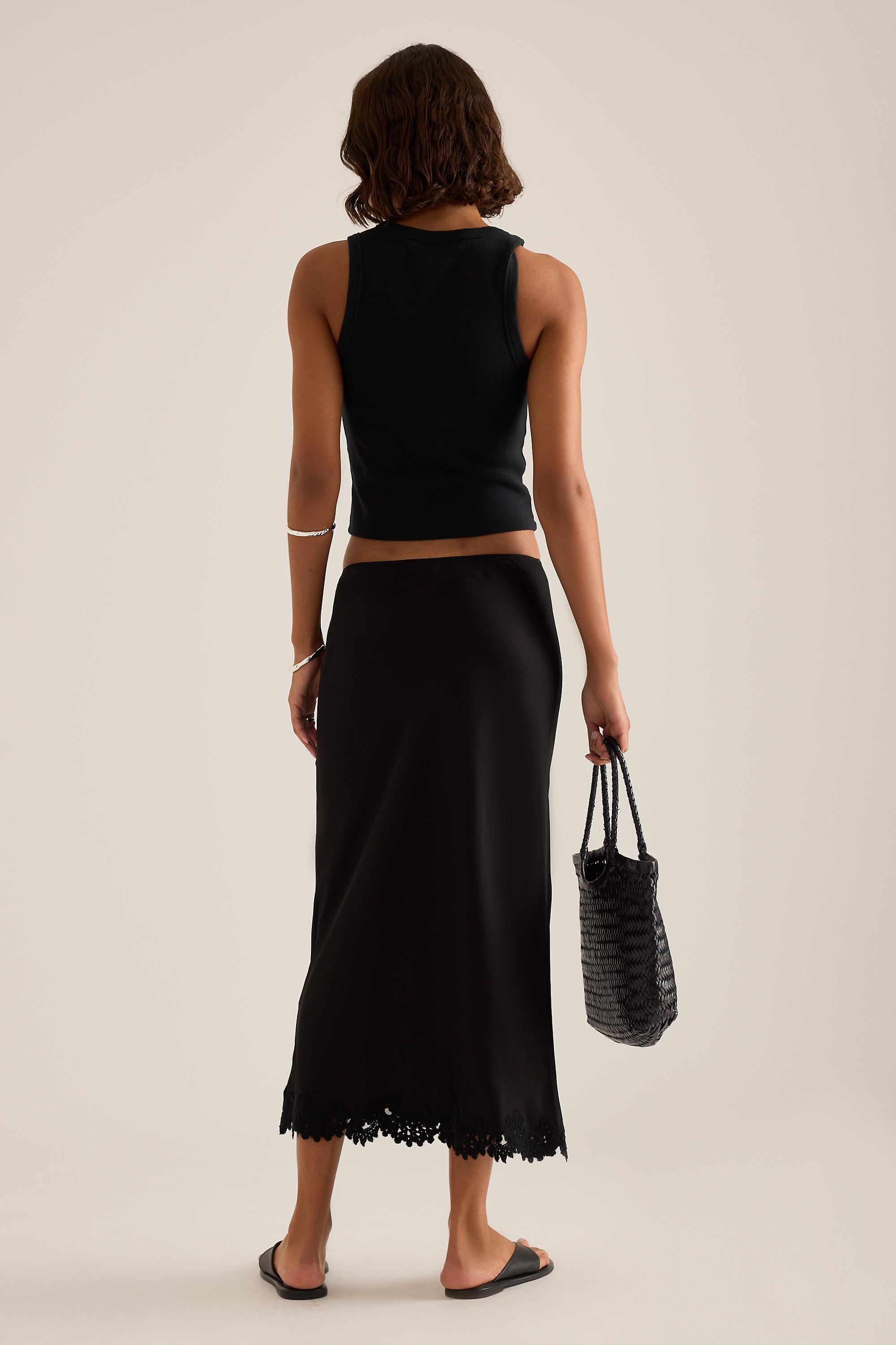 By Anthropologie Lace Trim Bias Midi Slip Skirt, Black, Black, large image number 5