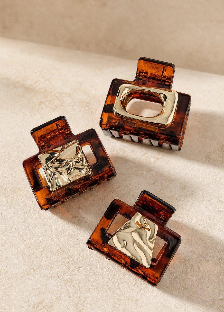 Metallic Detail Hair Clips, Brown, Brown, large image number 0