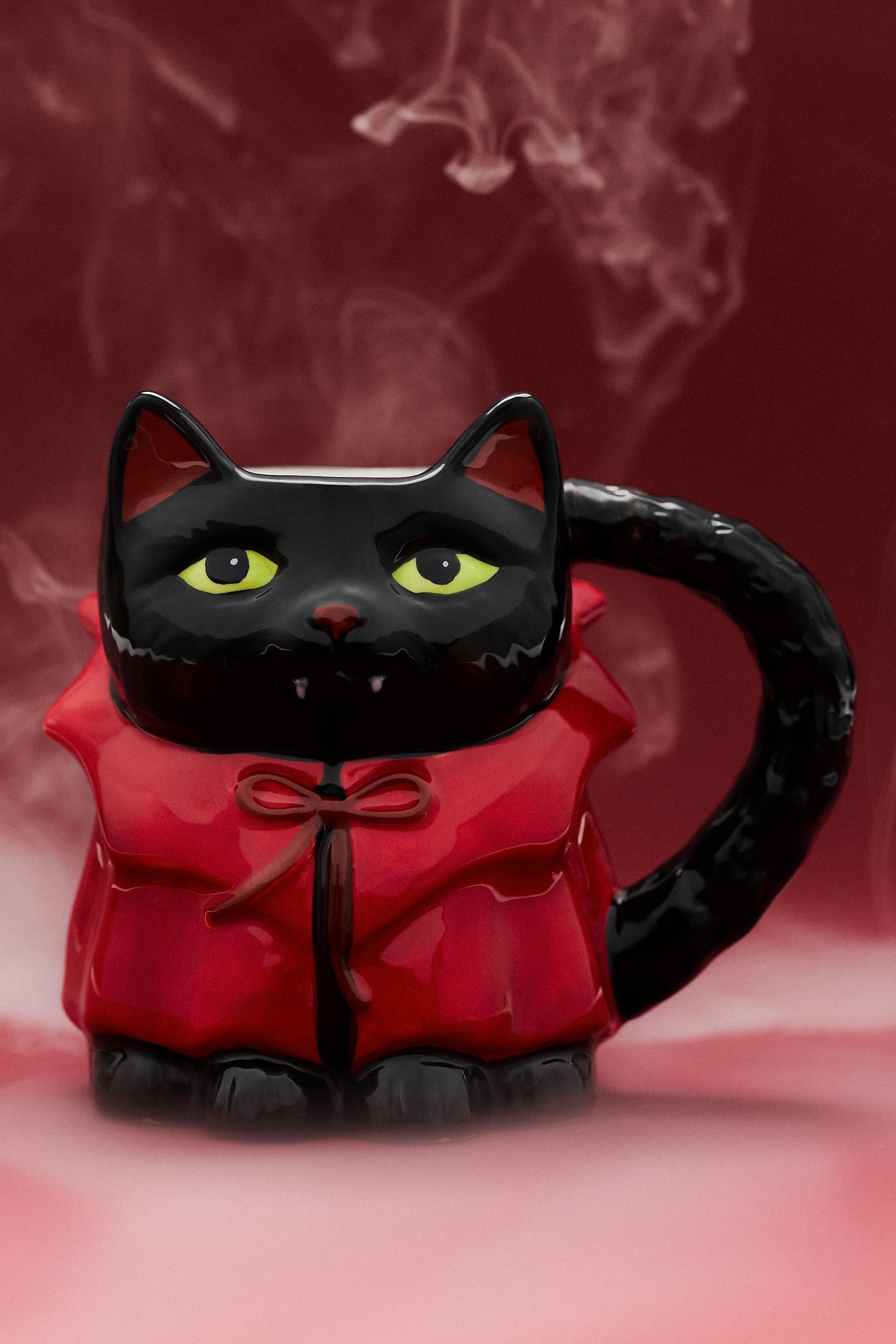 Peluche Halloween Stoneware Cat Mug, Red, Black, medium
