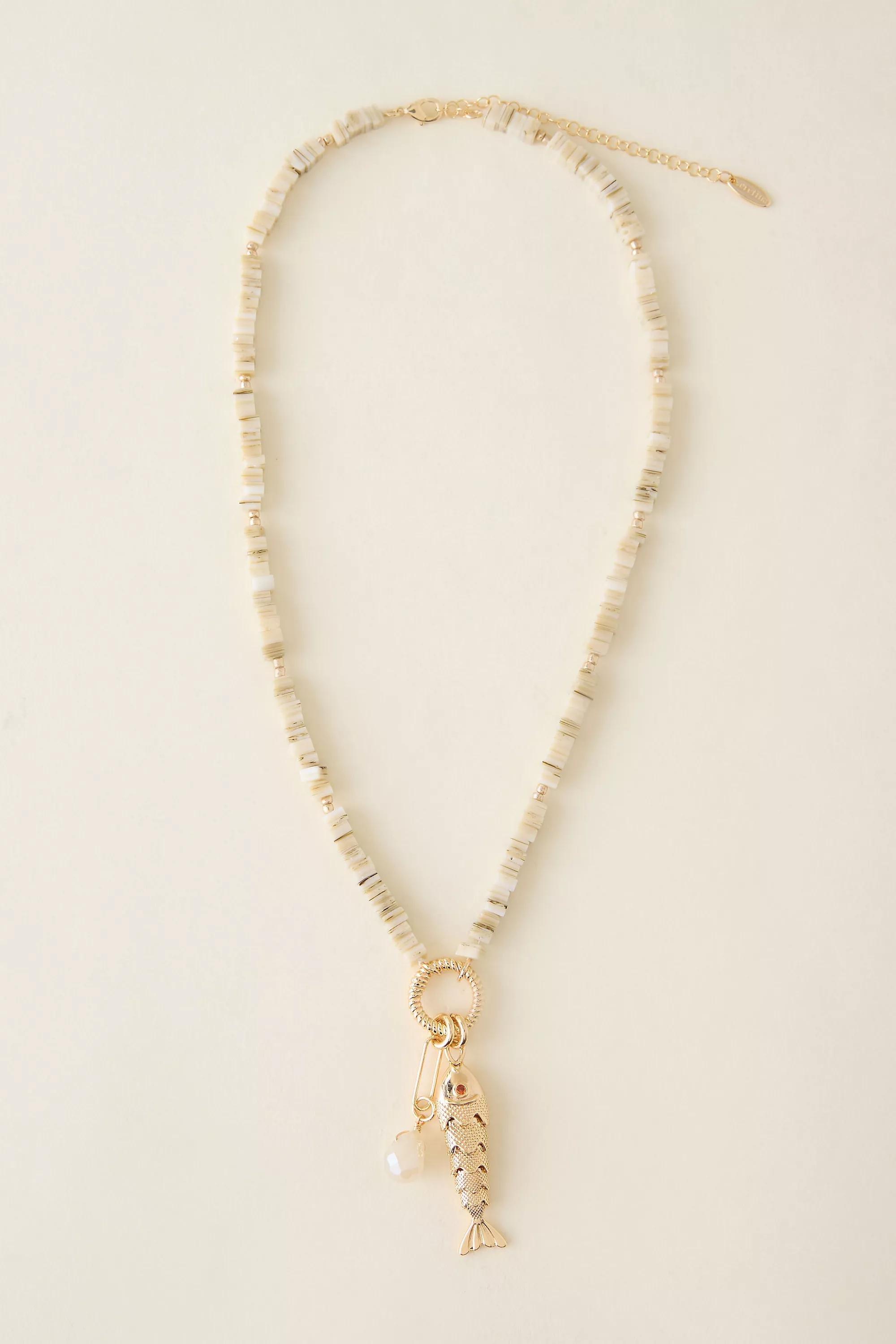 14K Gold-Plated Beaded Fish Pendant Necklace, Beige, A501_0014, large image number 0