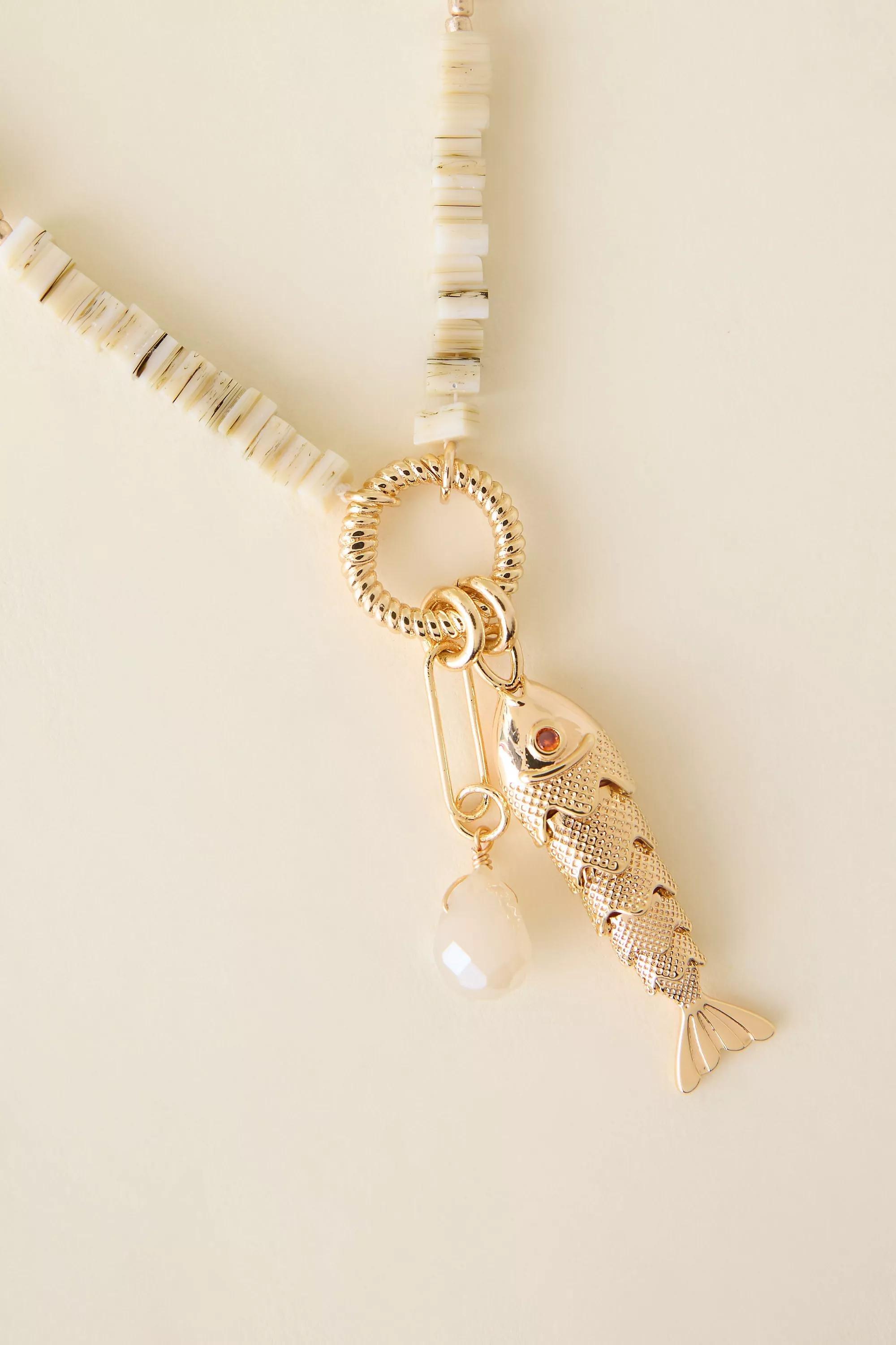 14K Gold-Plated Beaded Fish Pendant Necklace, Beige, A501_0014, medium