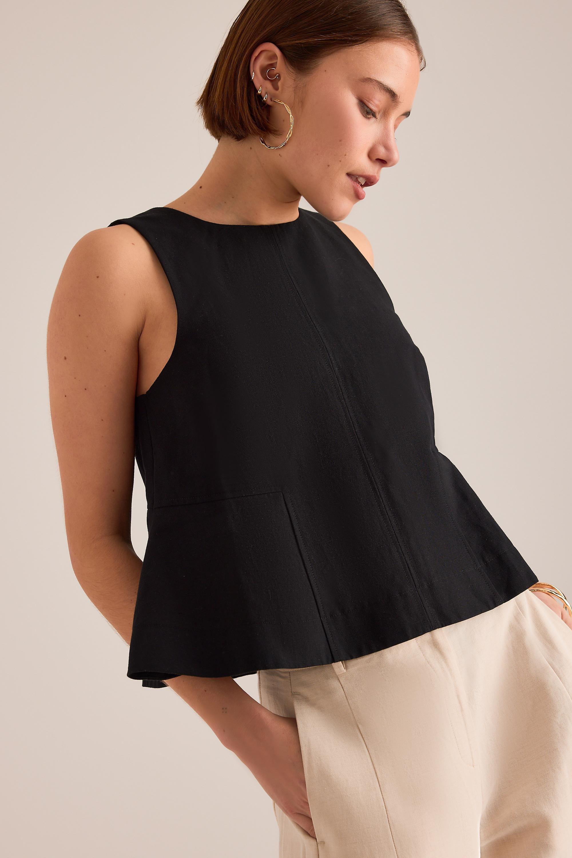 By Anthropologie Linen-Blend Swing Top, Black, Black, large image number 1