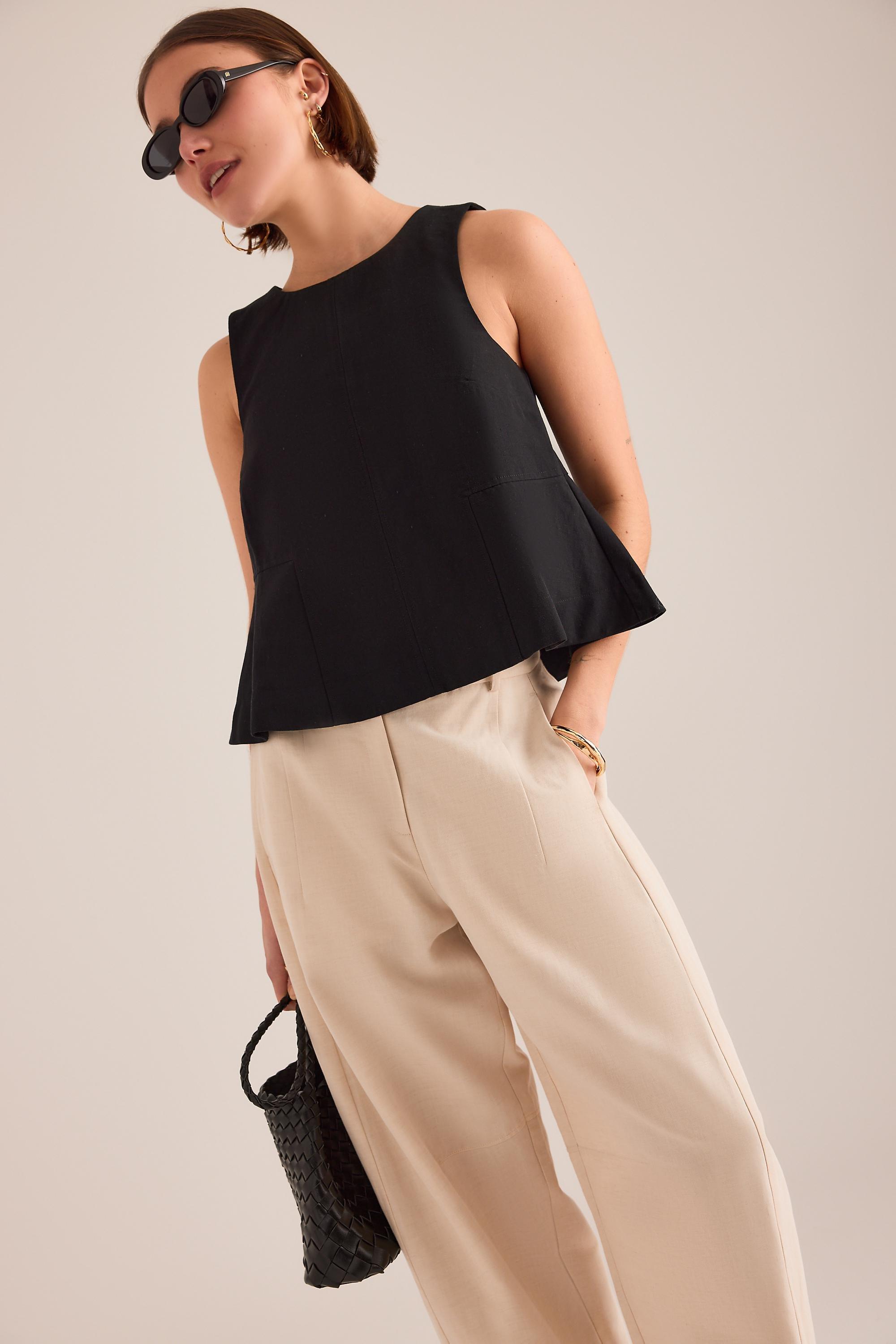 By Anthropologie Linen-Blend Swing Top, Black, Black, large image number 3
