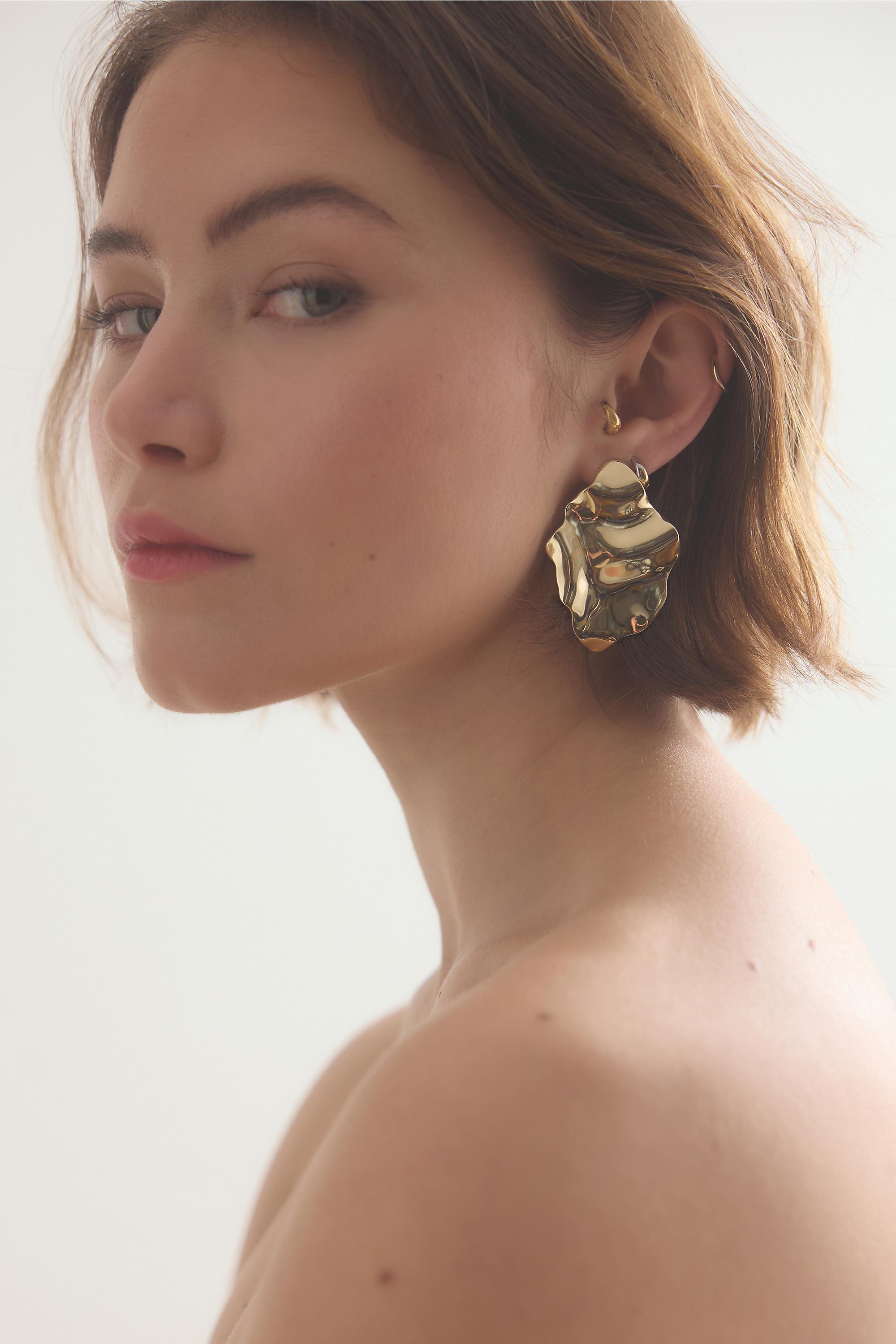 Oversized Hammered Metal Earrings, Gold, A501_0070, medium