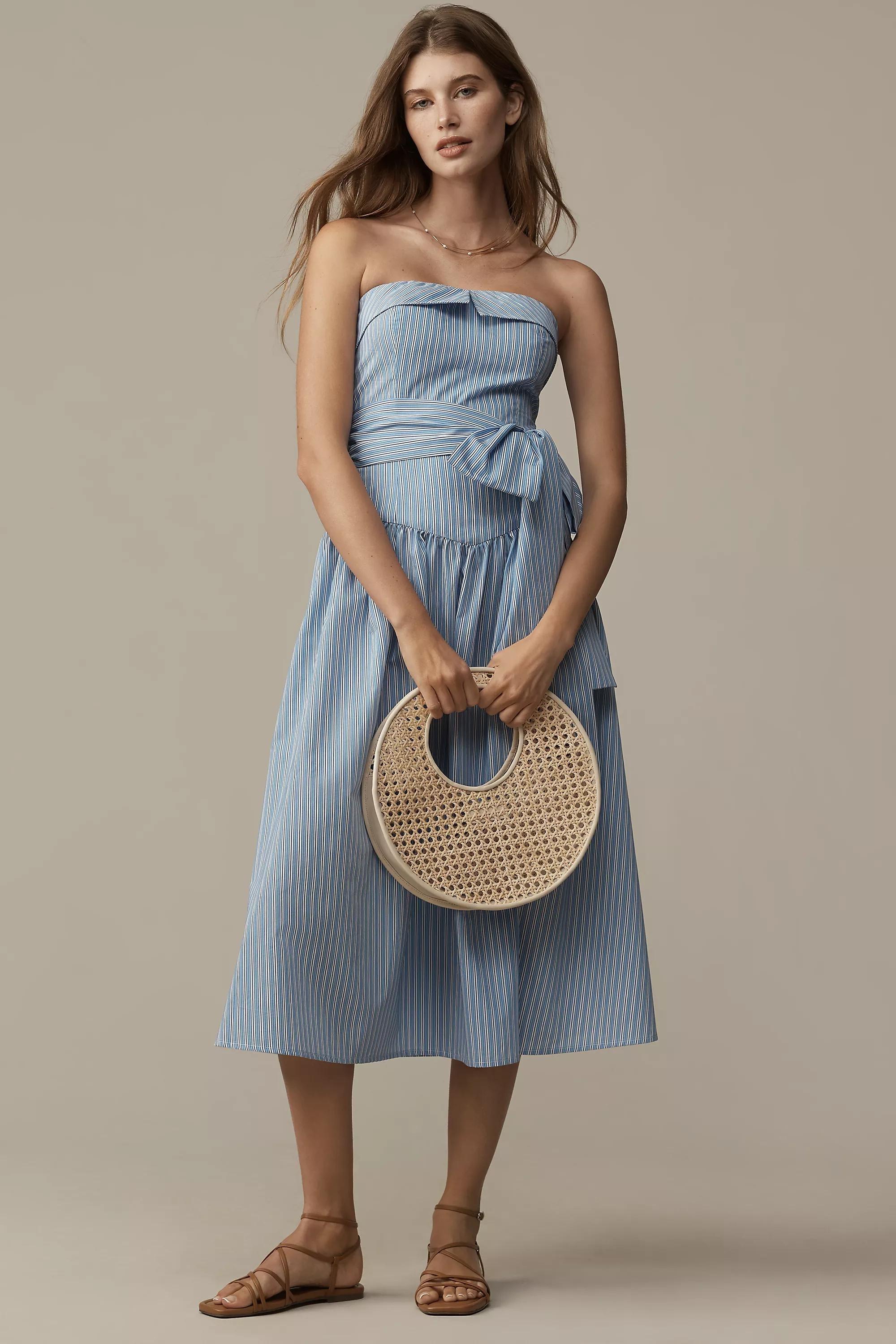 Mare Mare Strapless Shirting Midi Dress, Blue, A501_0546, large image number 0