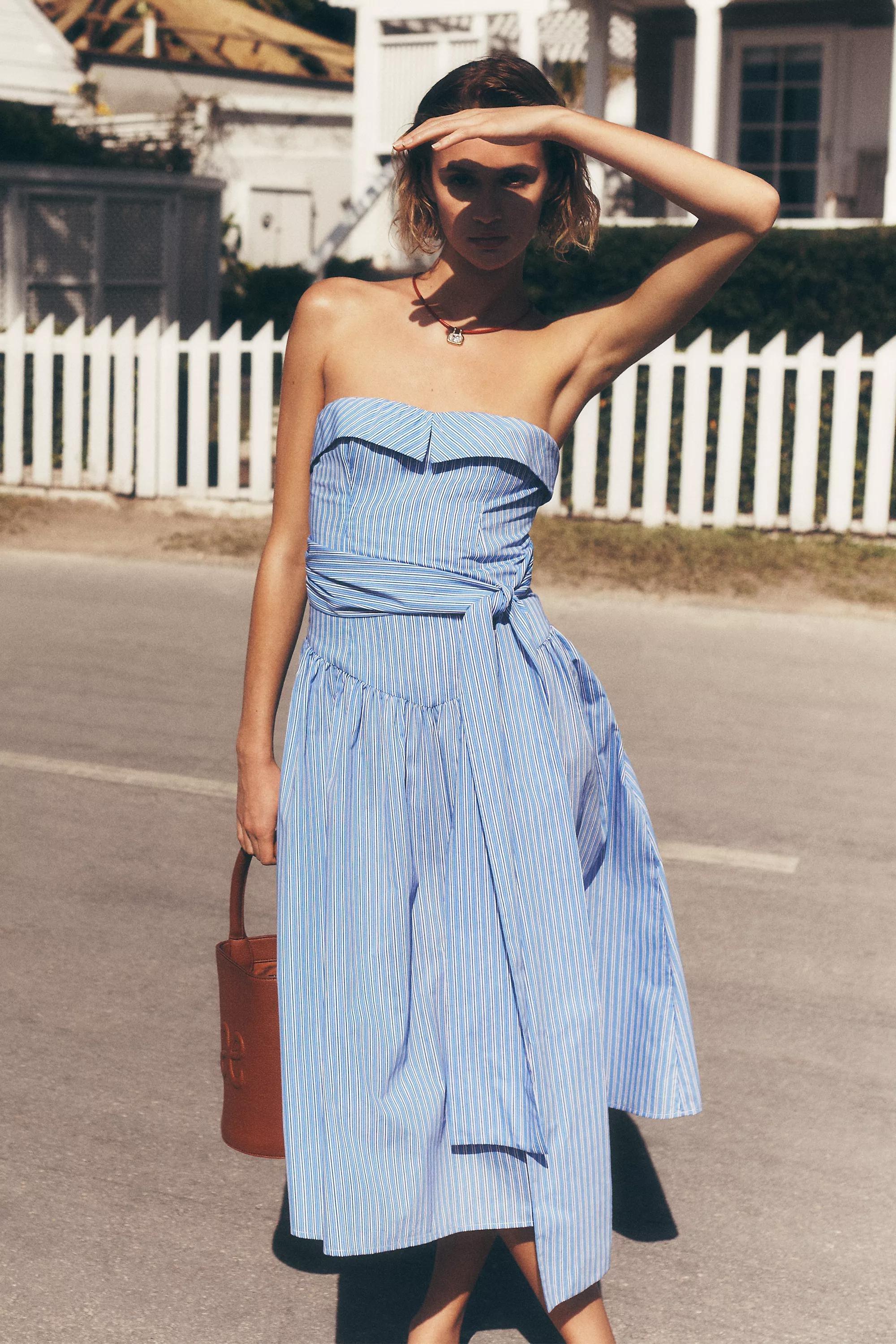 Mare Mare Strapless Shirting Midi Dress, Blue, A501_0546, large image number 1