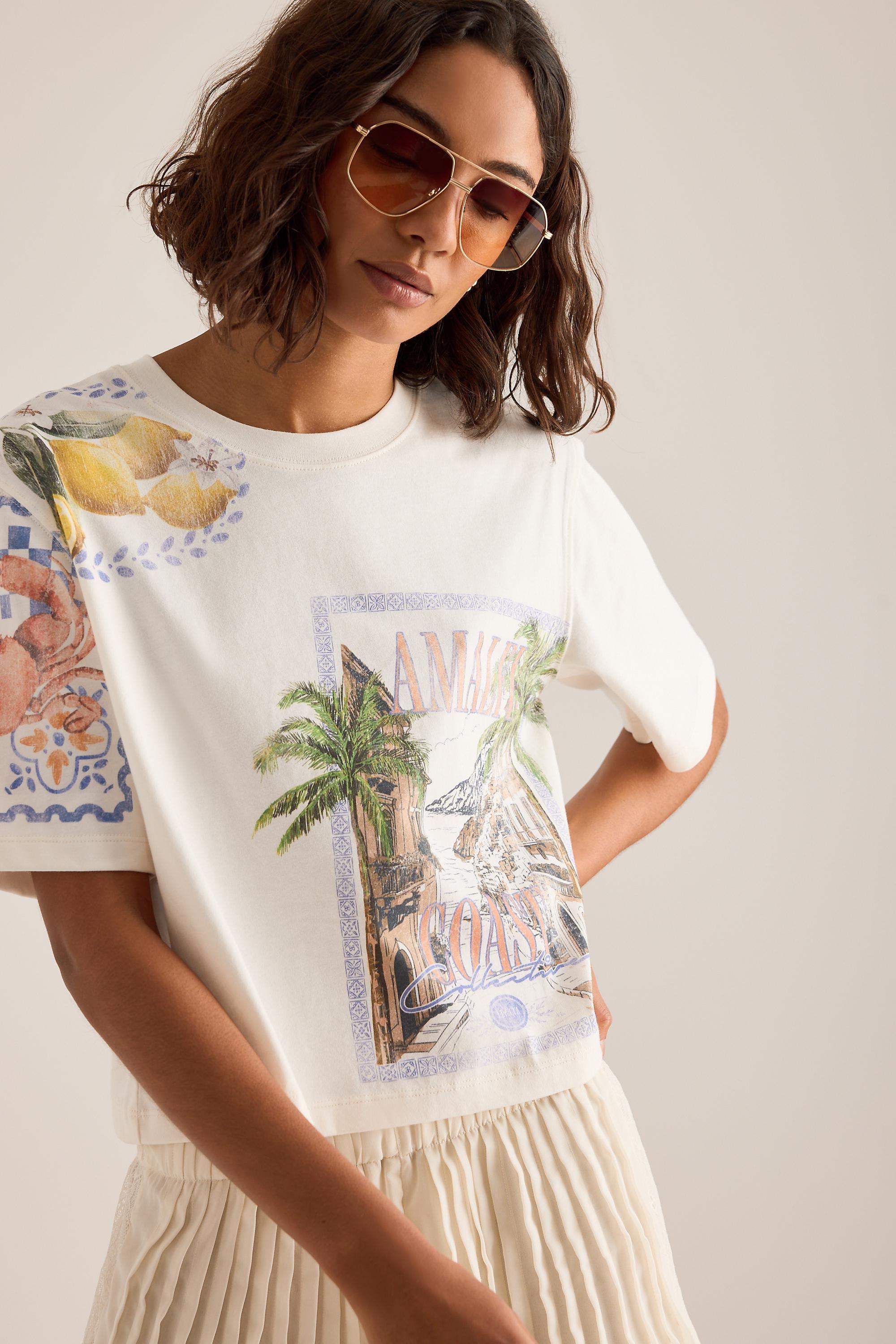 By Anthropologie Amalfi Graphic Boxy T-Shirt, Beige, A501_0011, medium