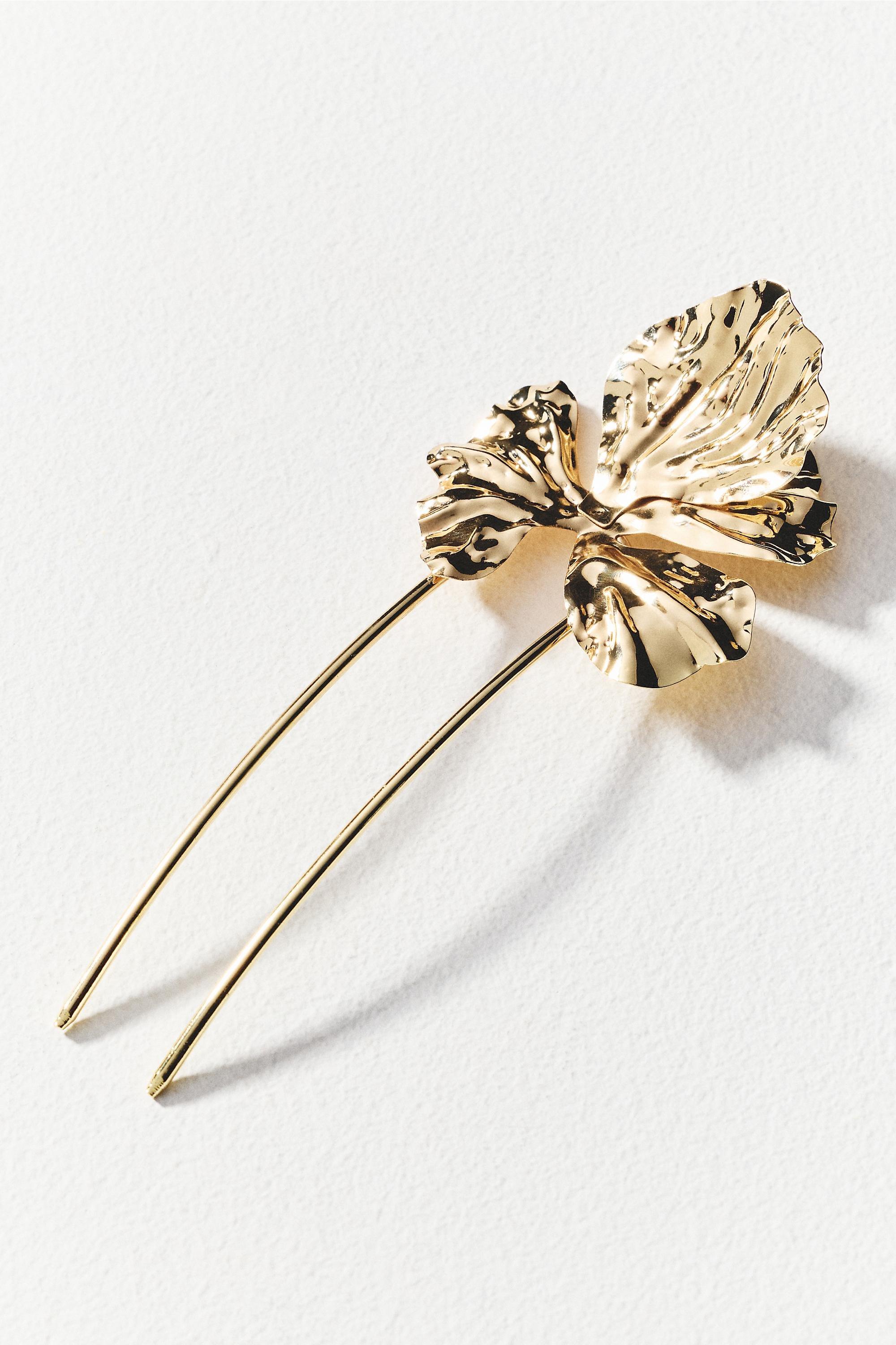 Blooming Flower French Hair Pin, Gold Metallic, A501_0170, large image number 0